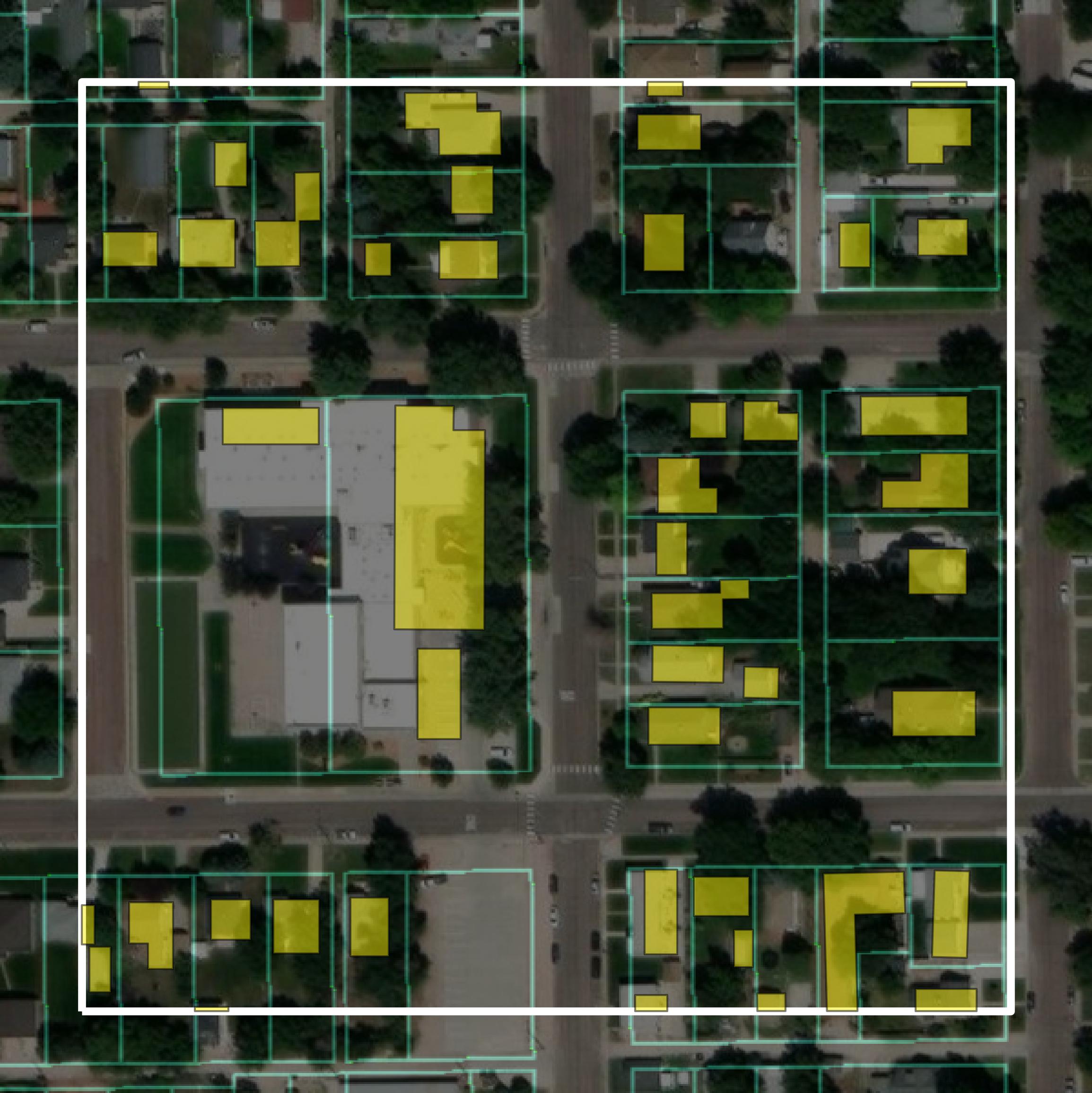 This image shows parcel and building data in Scotts Bluff County created using GIS data in Equator.