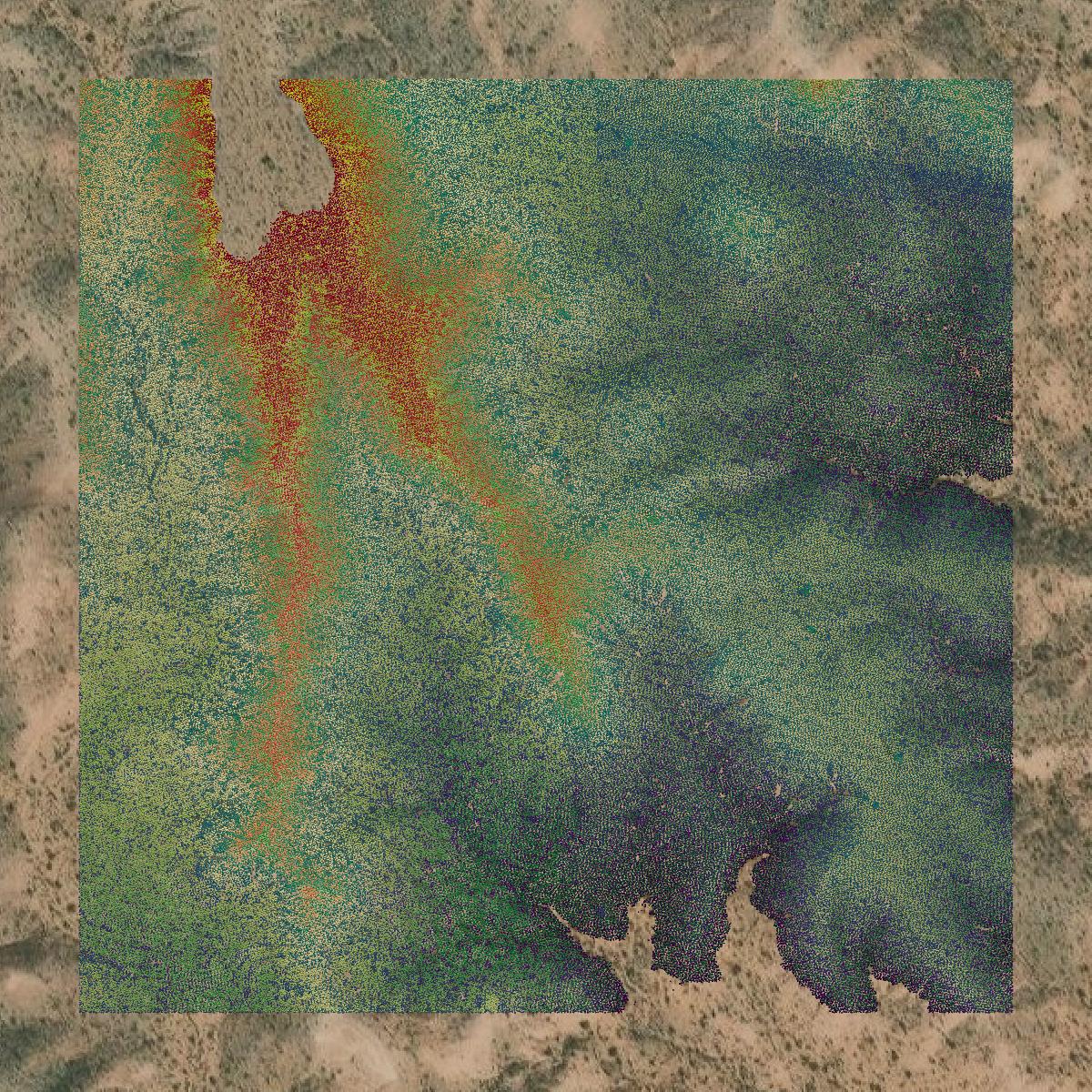 This image shows a LiDAR point cloud in Lincoln County created using GIS data in Equator.