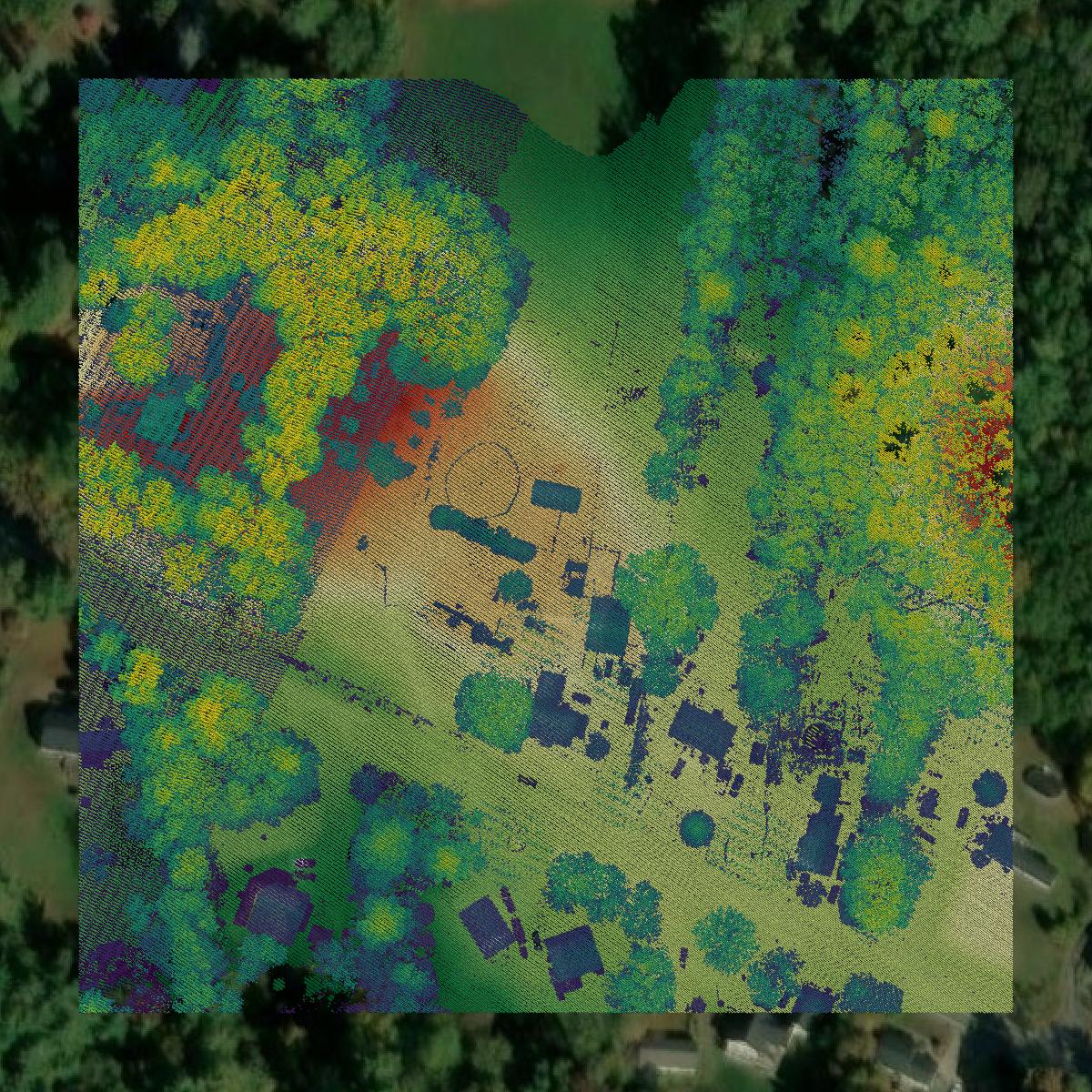 This image shows a LiDAR point cloud in Rockingham County created using GIS data in Equator.