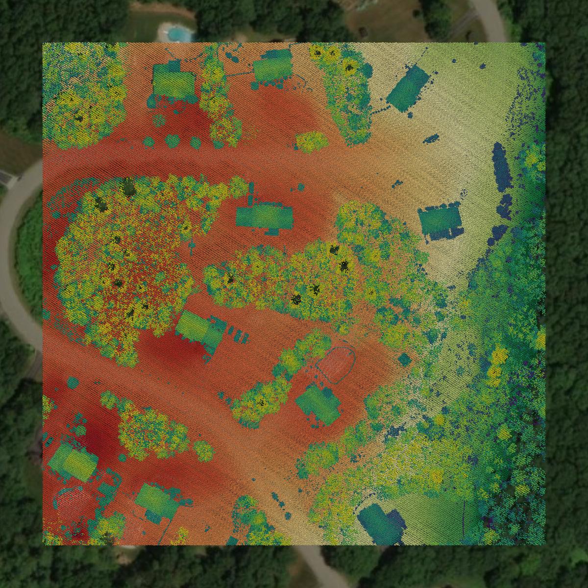 This image shows a LiDAR point cloud in Rockingham County created using GIS data in Equator.