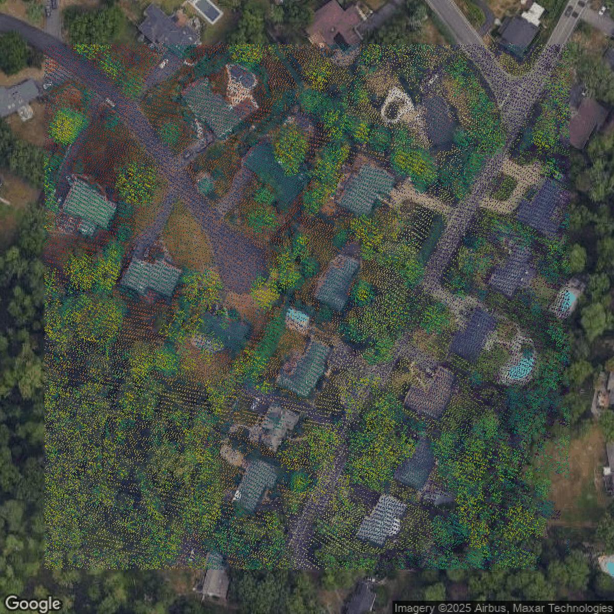 This image shows a LiDAR point cloud in Bergen County created using GIS data in Equator.