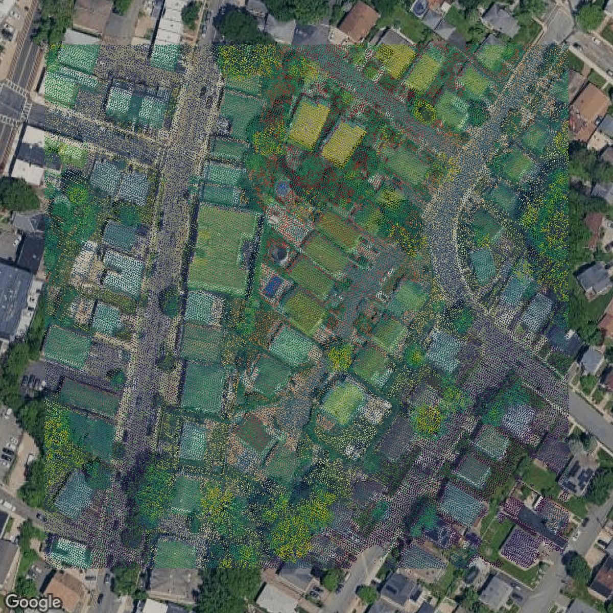 This image shows a LiDAR point cloud in Bergen County created using GIS data in Equator.