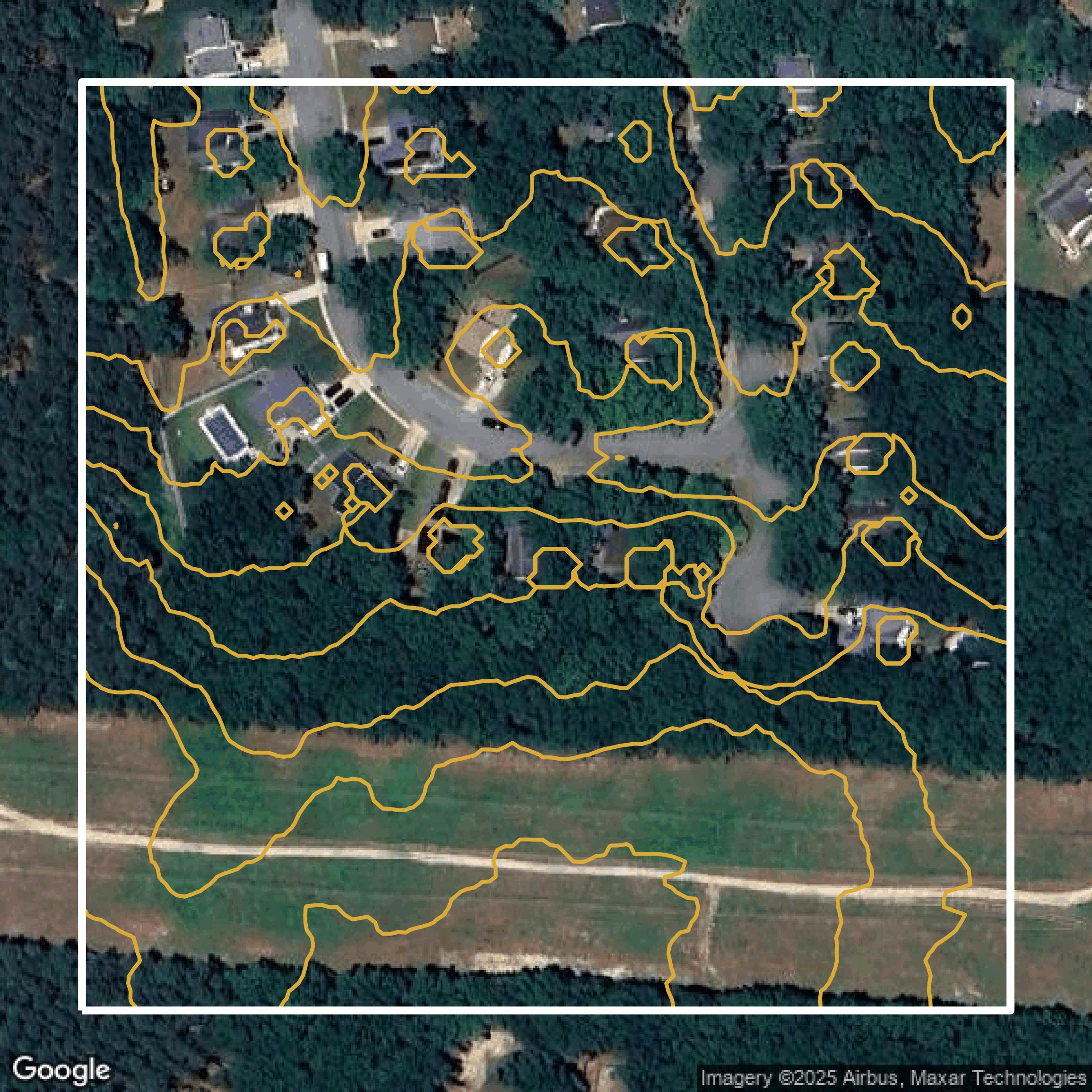 This image shows a contour map in Camden County created using GIS data in Equator.