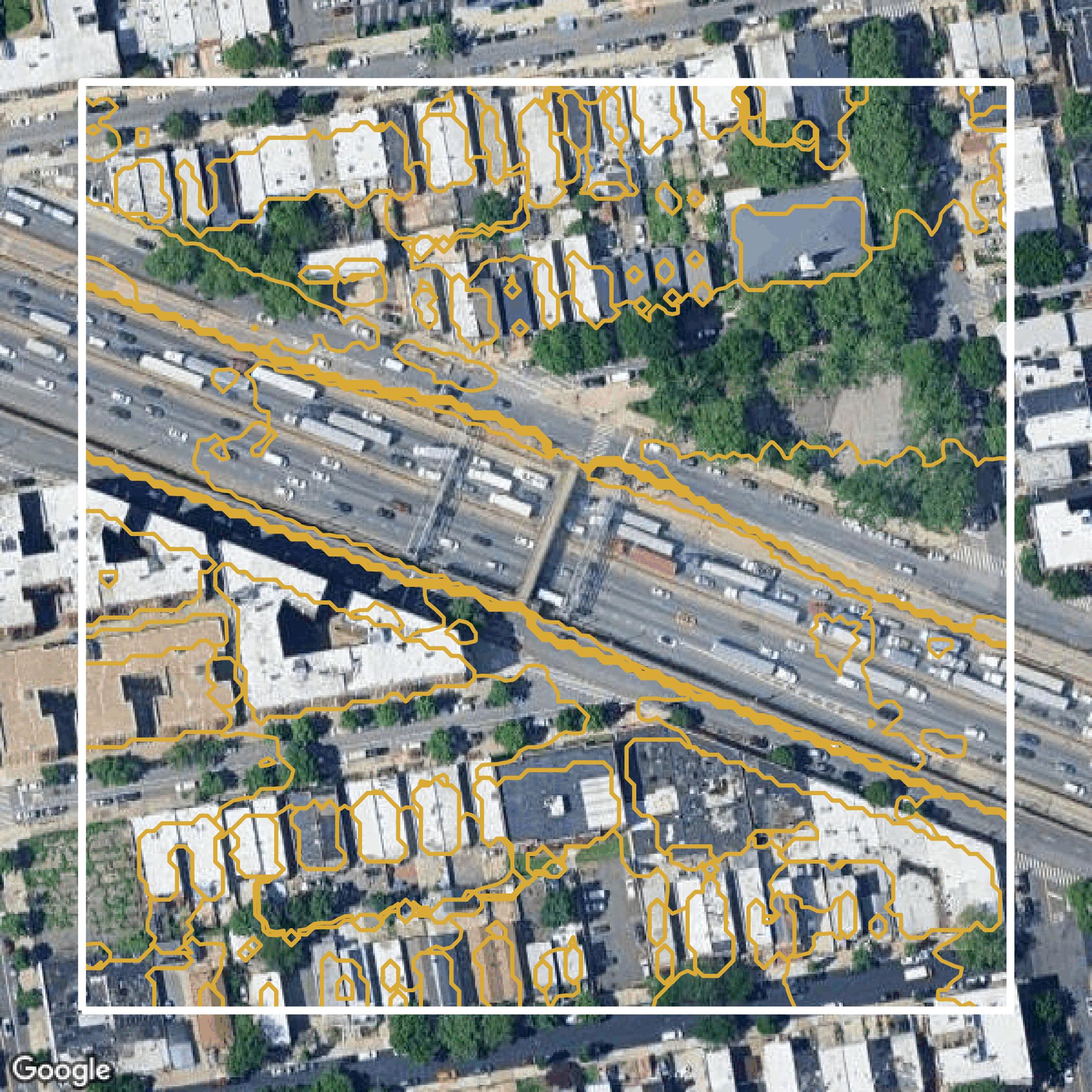 This image shows a contour map in Bronx County created using GIS data in Equator.