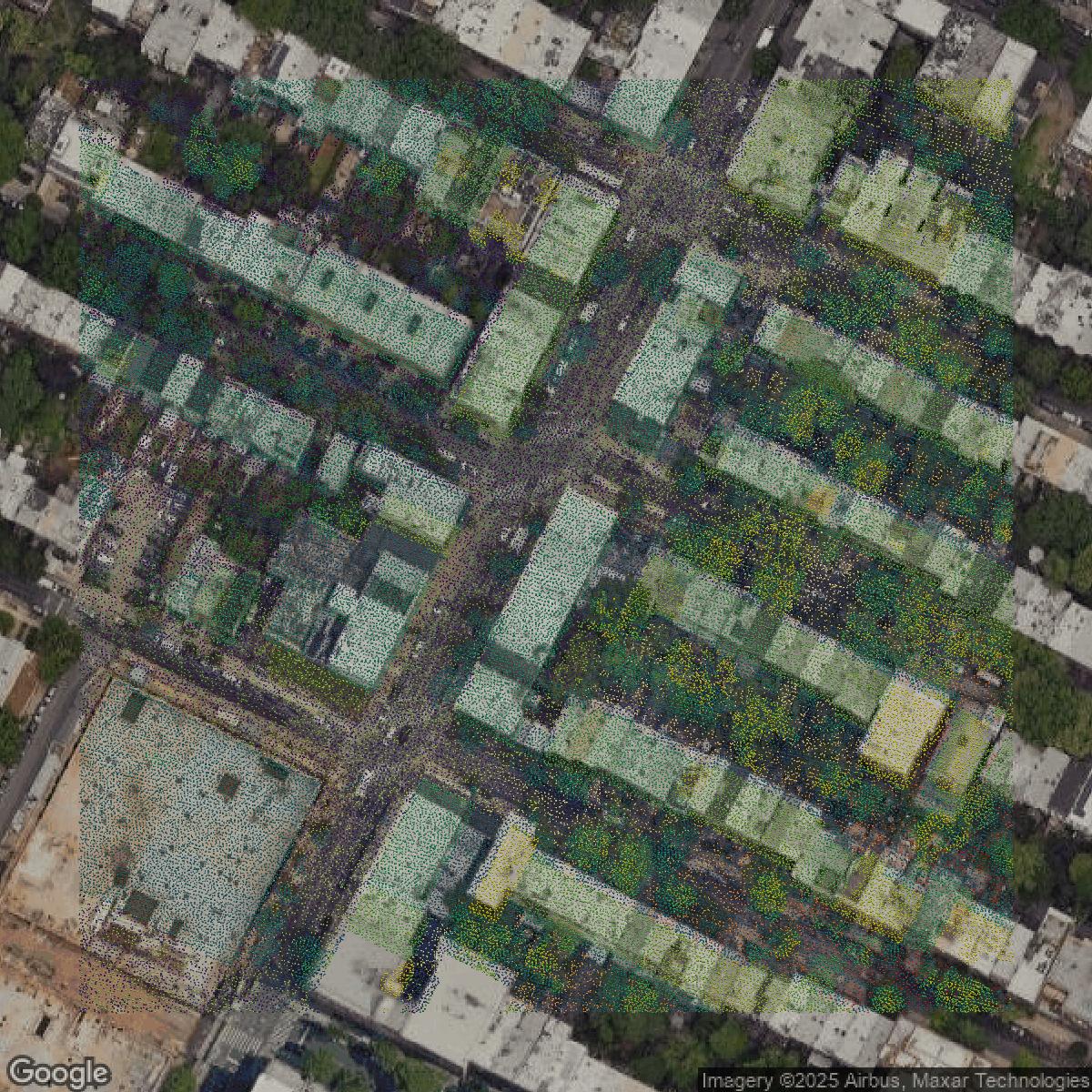This image shows a LiDAR point cloud in Kings County created using GIS data in Equator.