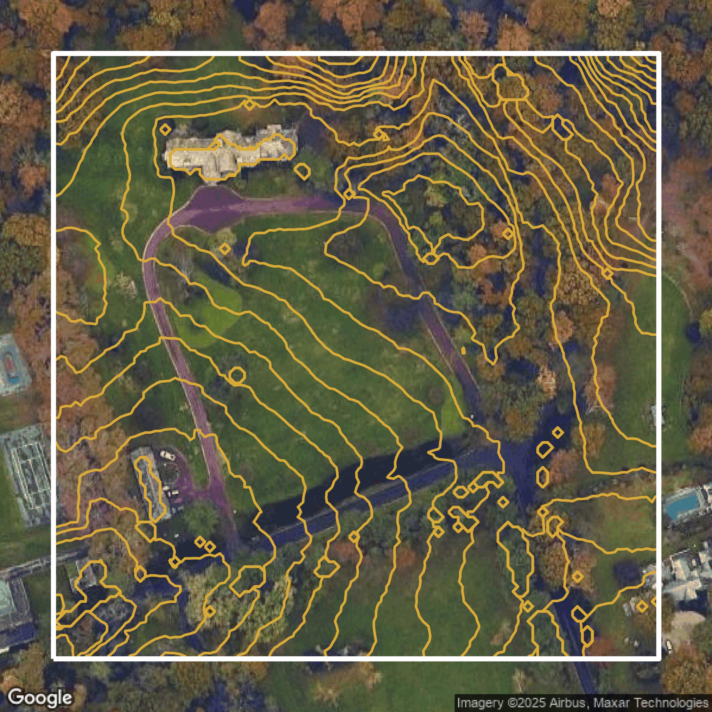 This image shows a contour map in Nassau County created using GIS data in Equator.