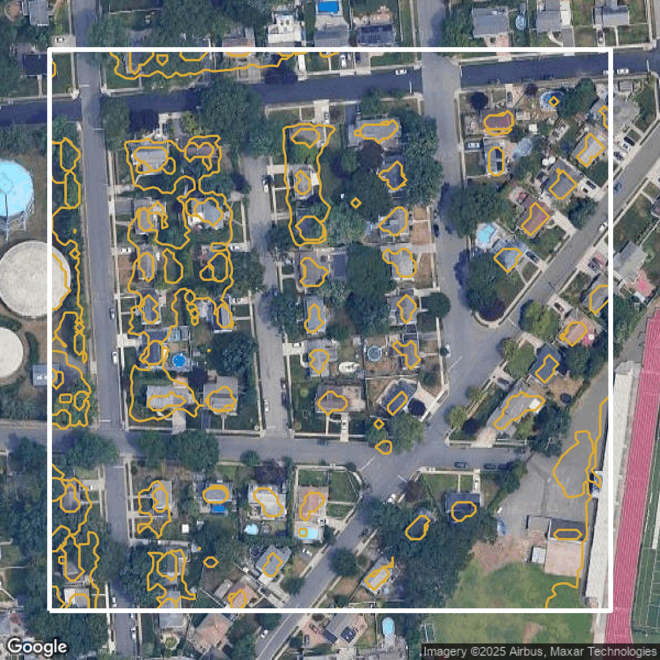 This image shows a contour map in Nassau County created using GIS data in Equator.