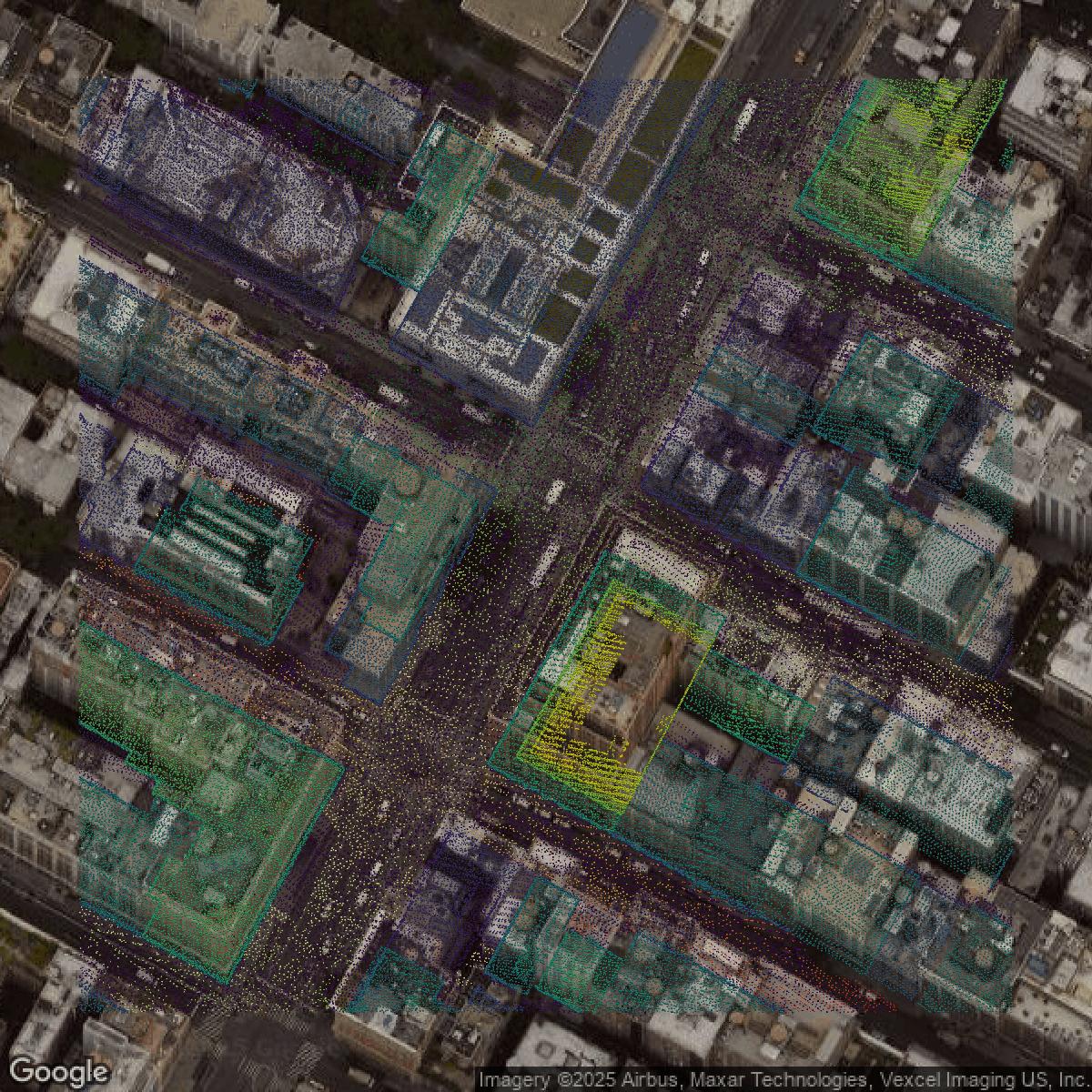 This image shows a LiDAR point cloud in New York County created using GIS data in Equator.