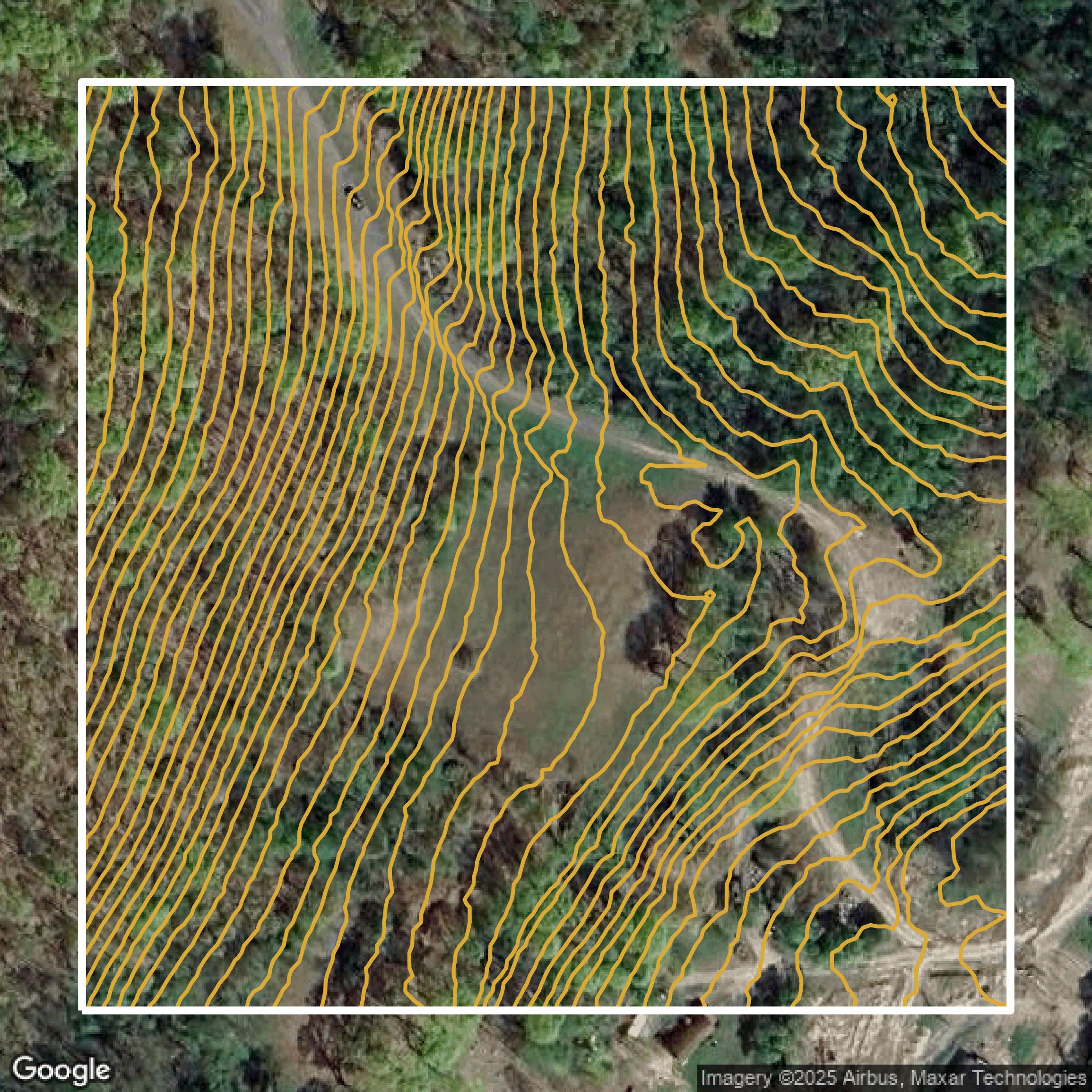 This image shows a contour map in Orange County created using GIS data in Equator.