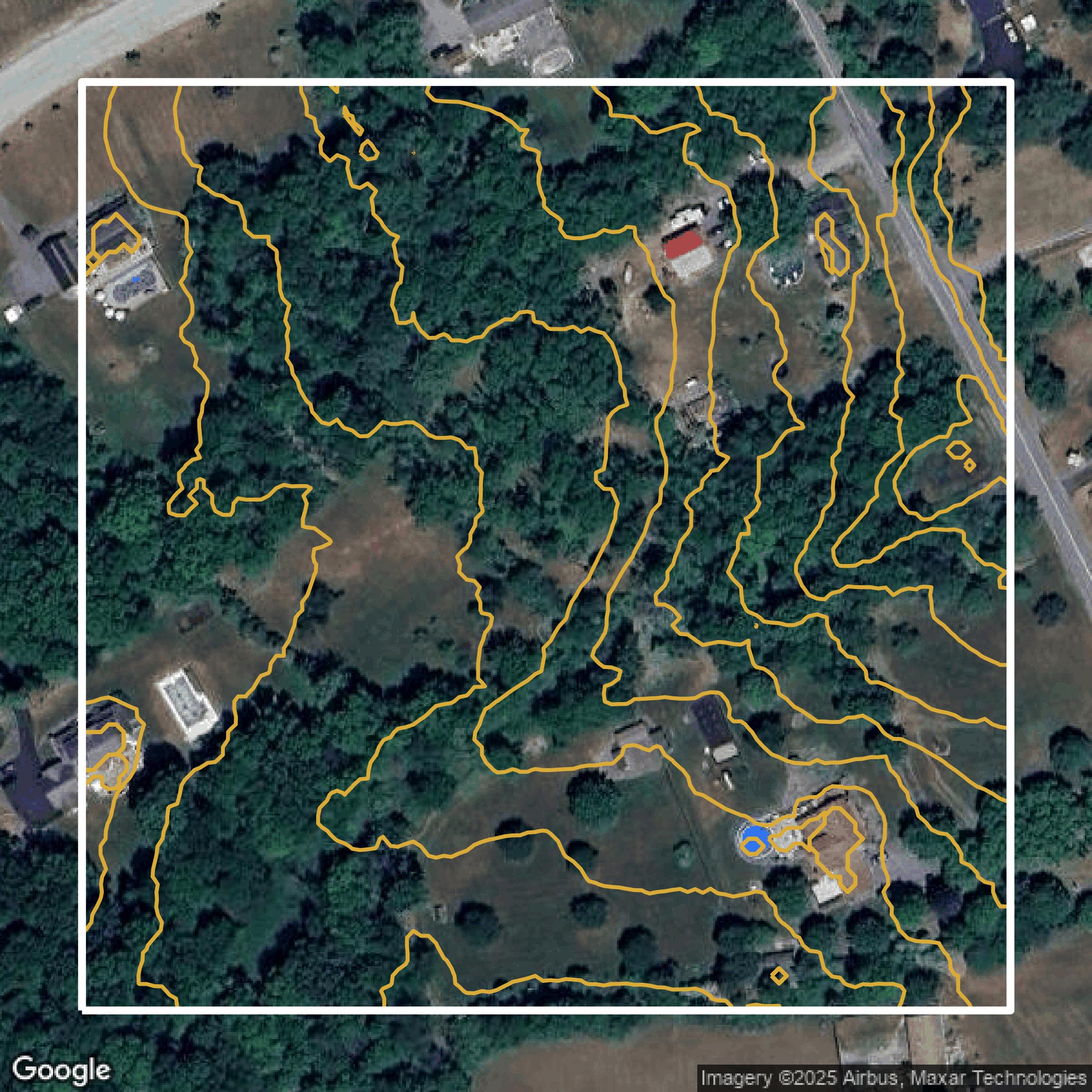 This image shows a contour map in Orange County created using GIS data in Equator.