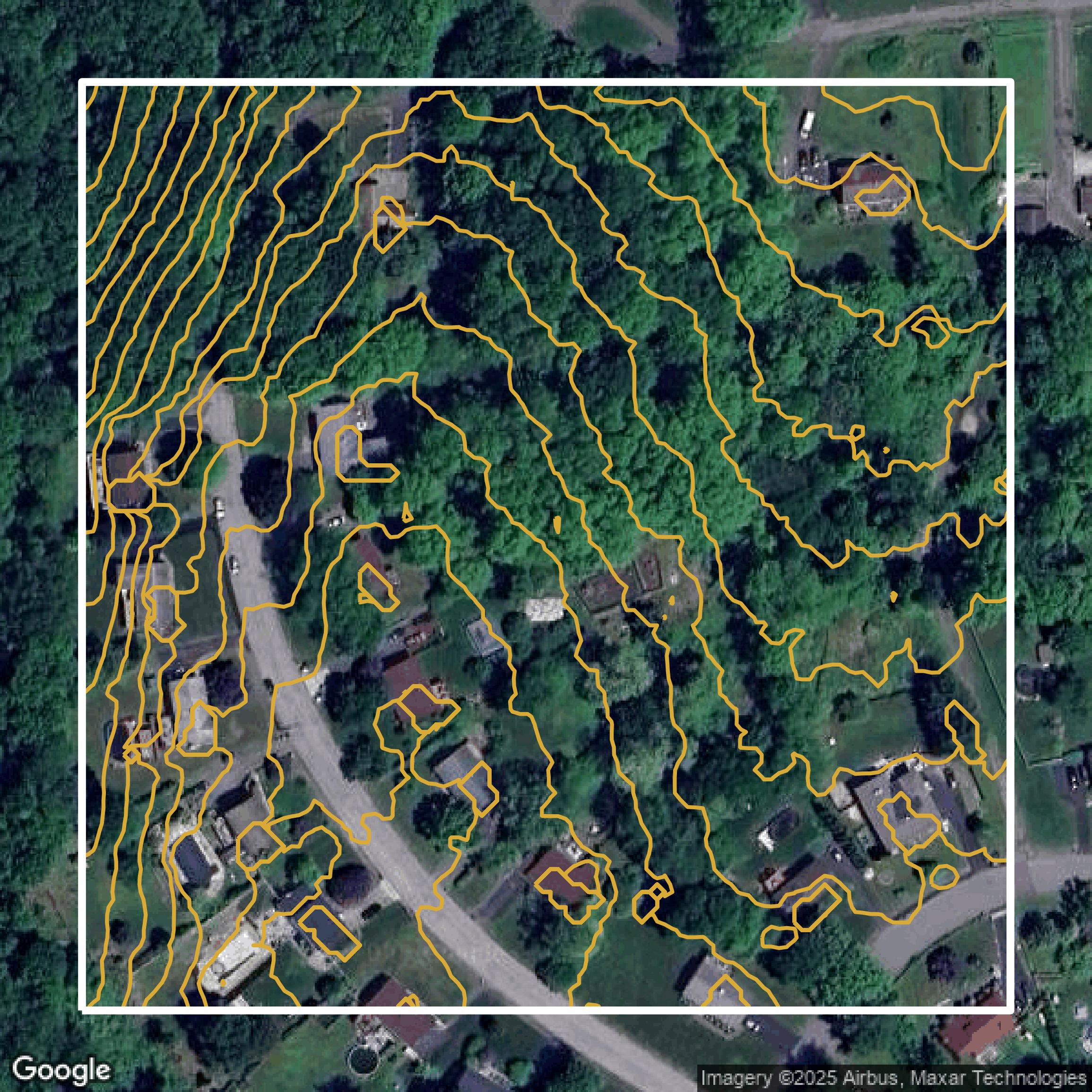 This image shows a contour map in Westchester County created using GIS data in Equator.