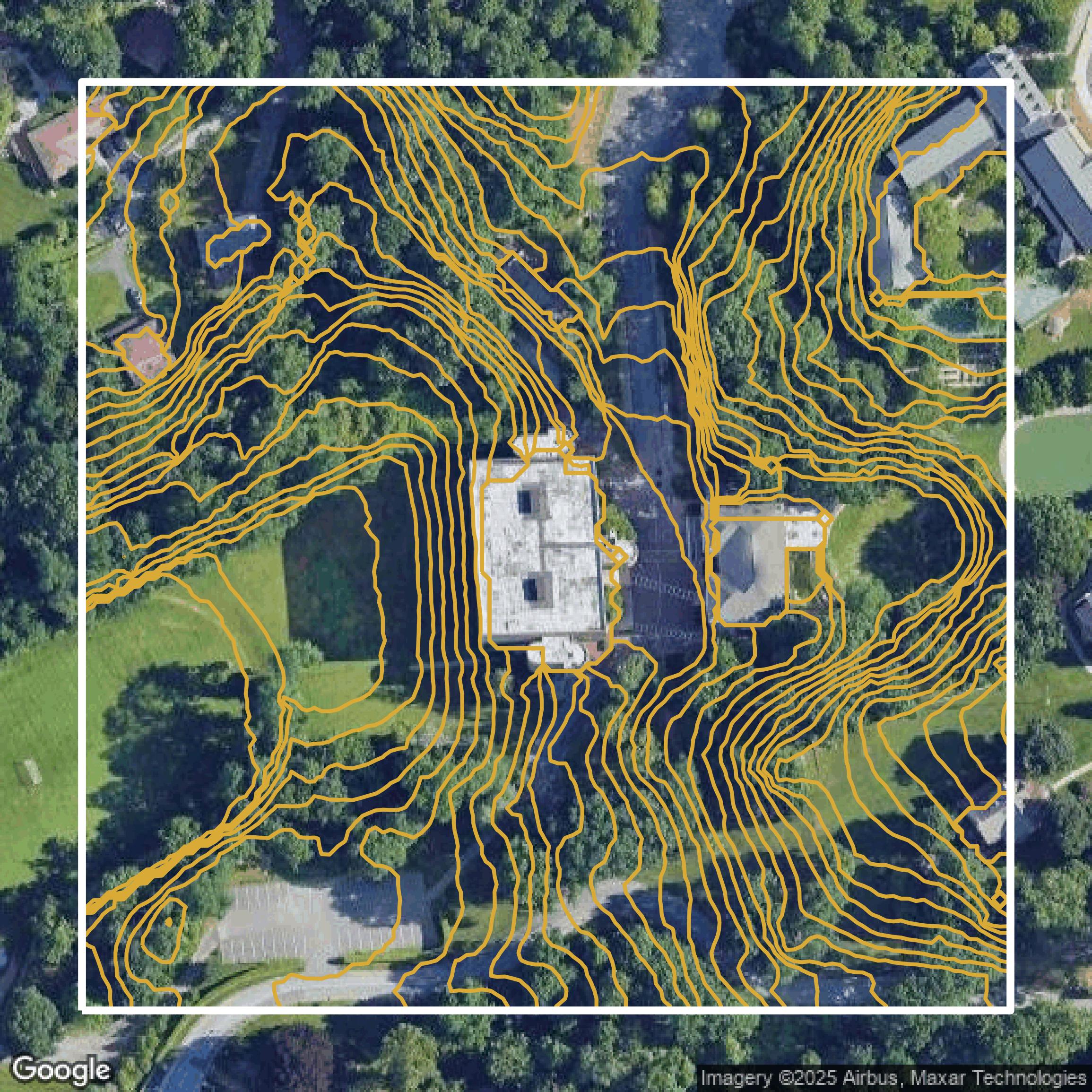 This image shows a contour map in Westchester County created using GIS data in Equator.