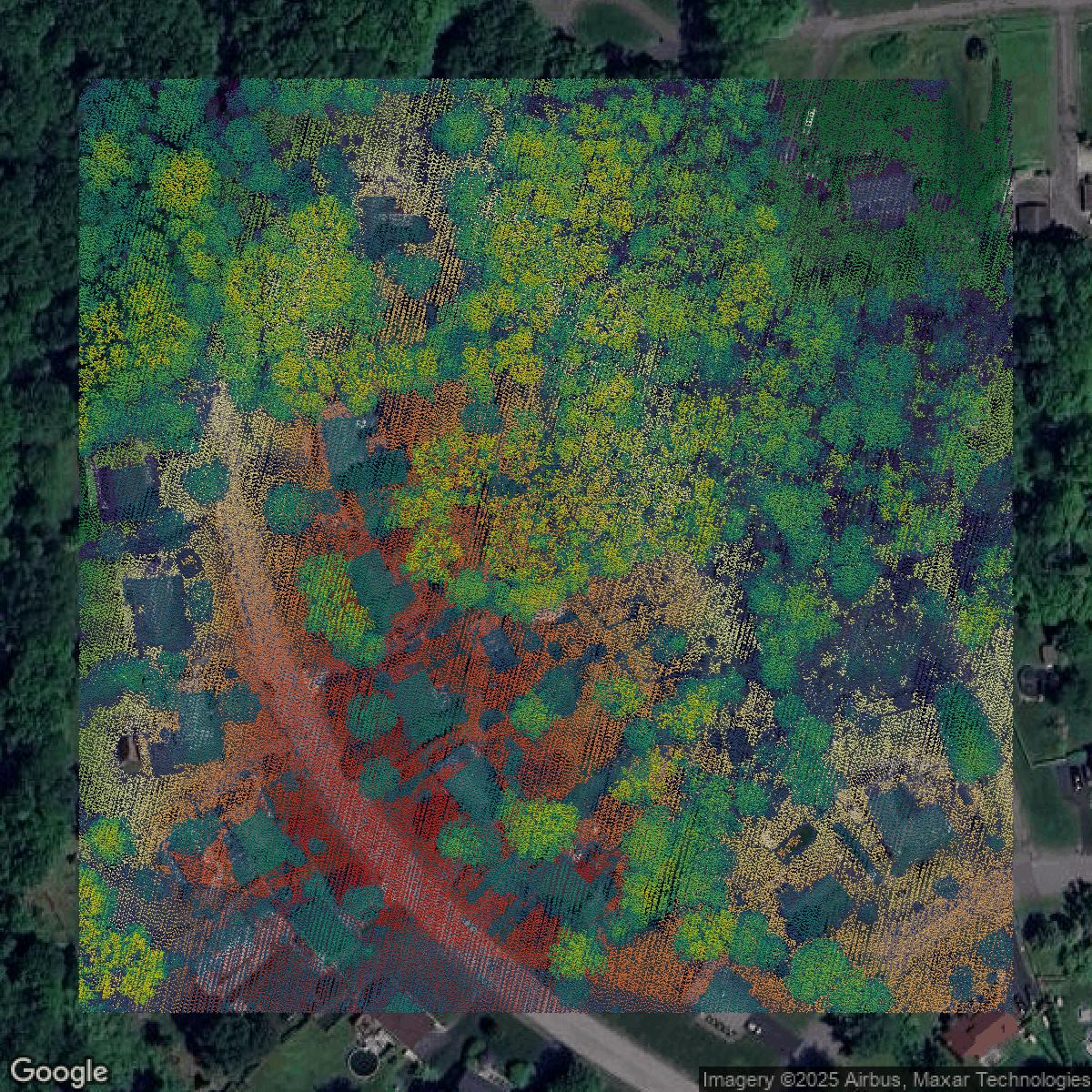 This image shows a LiDAR point cloud in Westchester County created using GIS data in Equator.