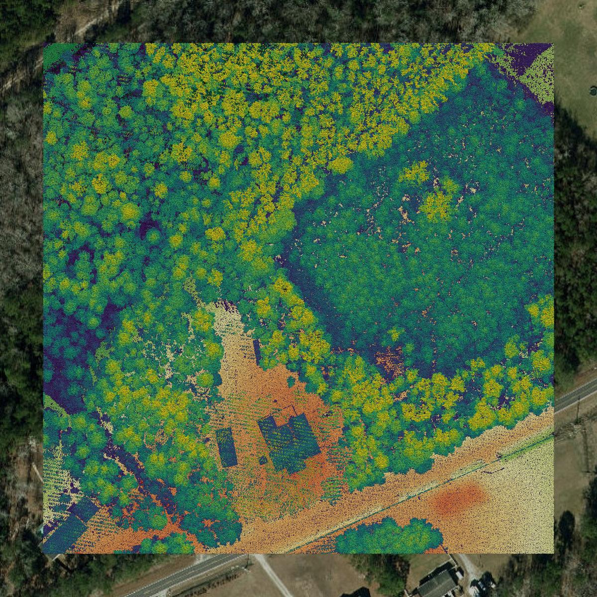 This image shows a LiDAR point cloud in Brunswick County created using GIS data in Equator.