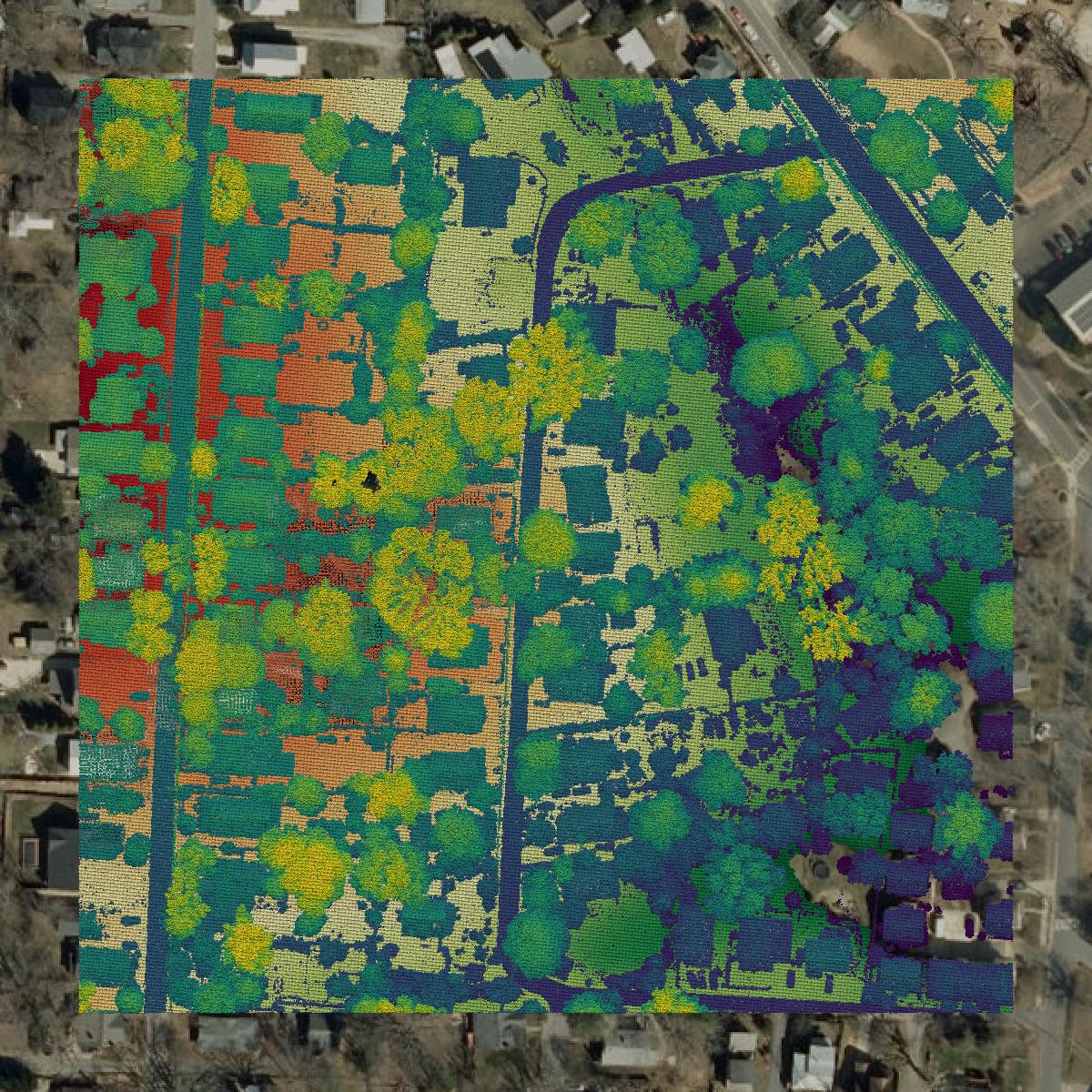 This image shows a LiDAR point cloud in Buncombe County created using GIS data in Equator.