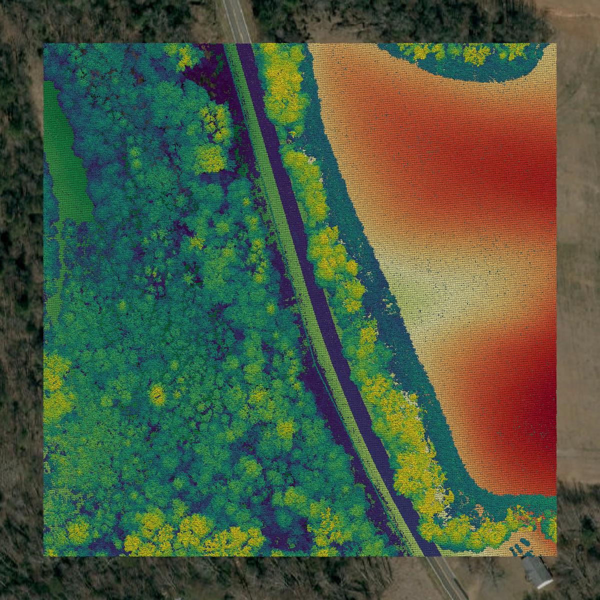 This image shows a LiDAR point cloud in Burke County created using GIS data in Equator.