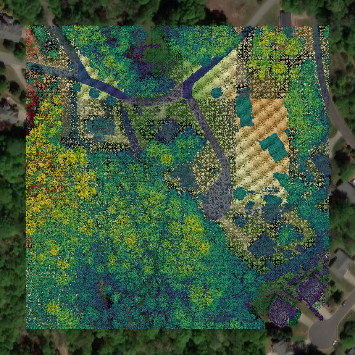 This image shows a LiDAR point cloud in Caldwell County created using GIS data in Equator.