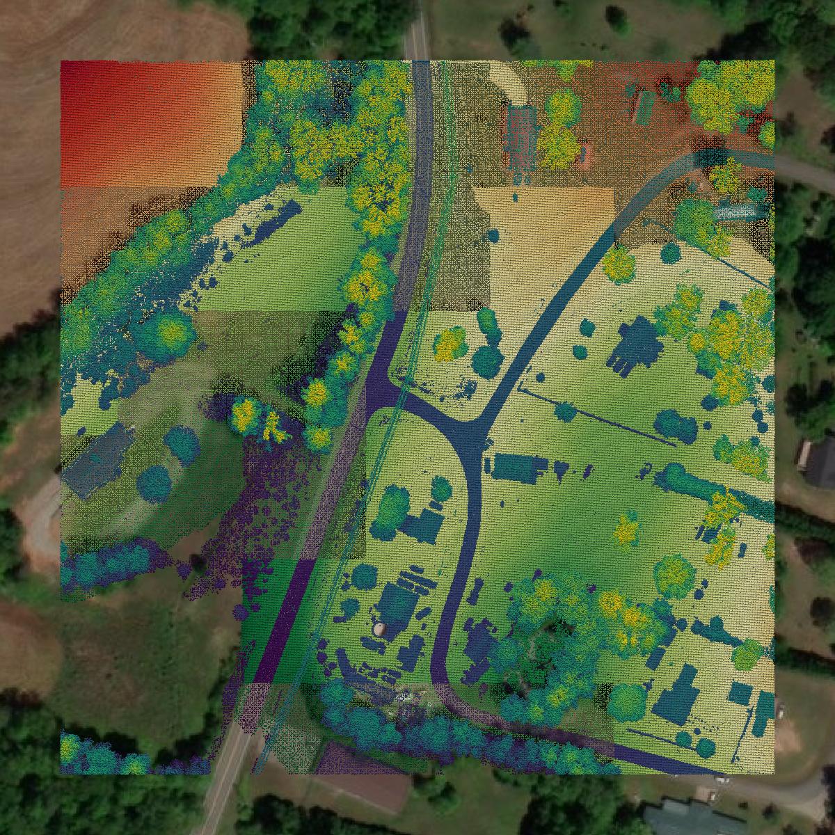 This image shows a LiDAR point cloud in Caldwell County created using GIS data in Equator.