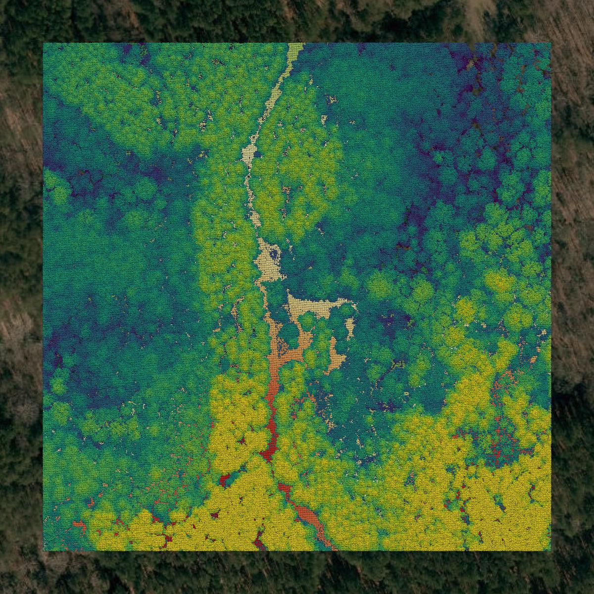 This image shows a LiDAR point cloud in Catawba County created using GIS data in Equator.