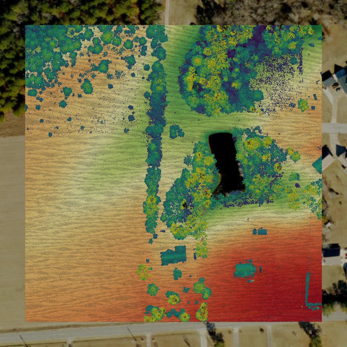 This image shows a LiDAR point cloud in Cumberland County created using GIS data in Equator.
