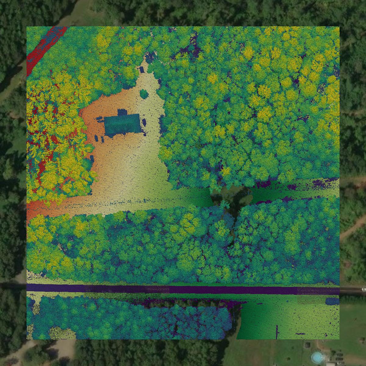This image shows a LiDAR point cloud in Davie County created using GIS data in Equator.