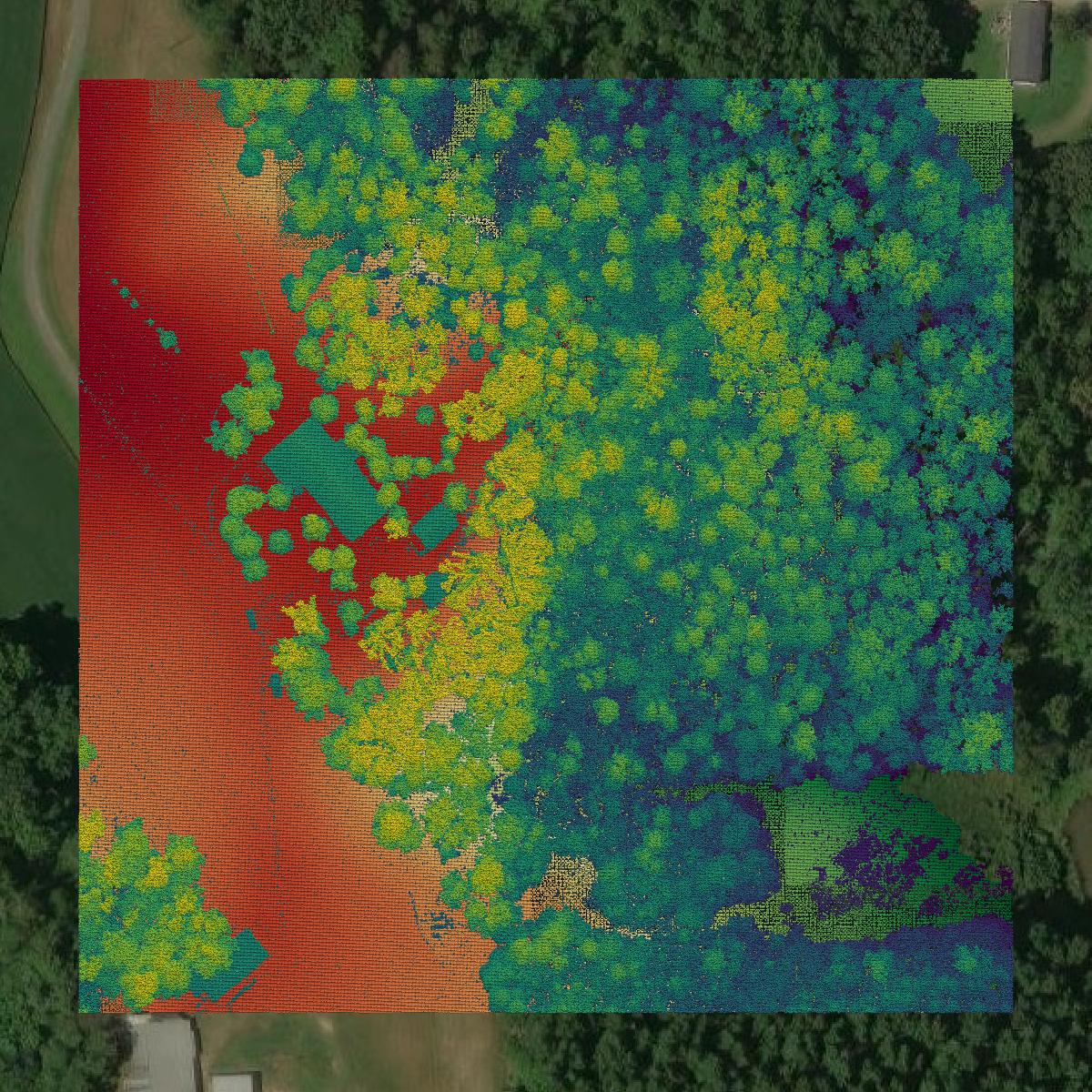 This image shows a LiDAR point cloud in Davie County created using GIS data in Equator.