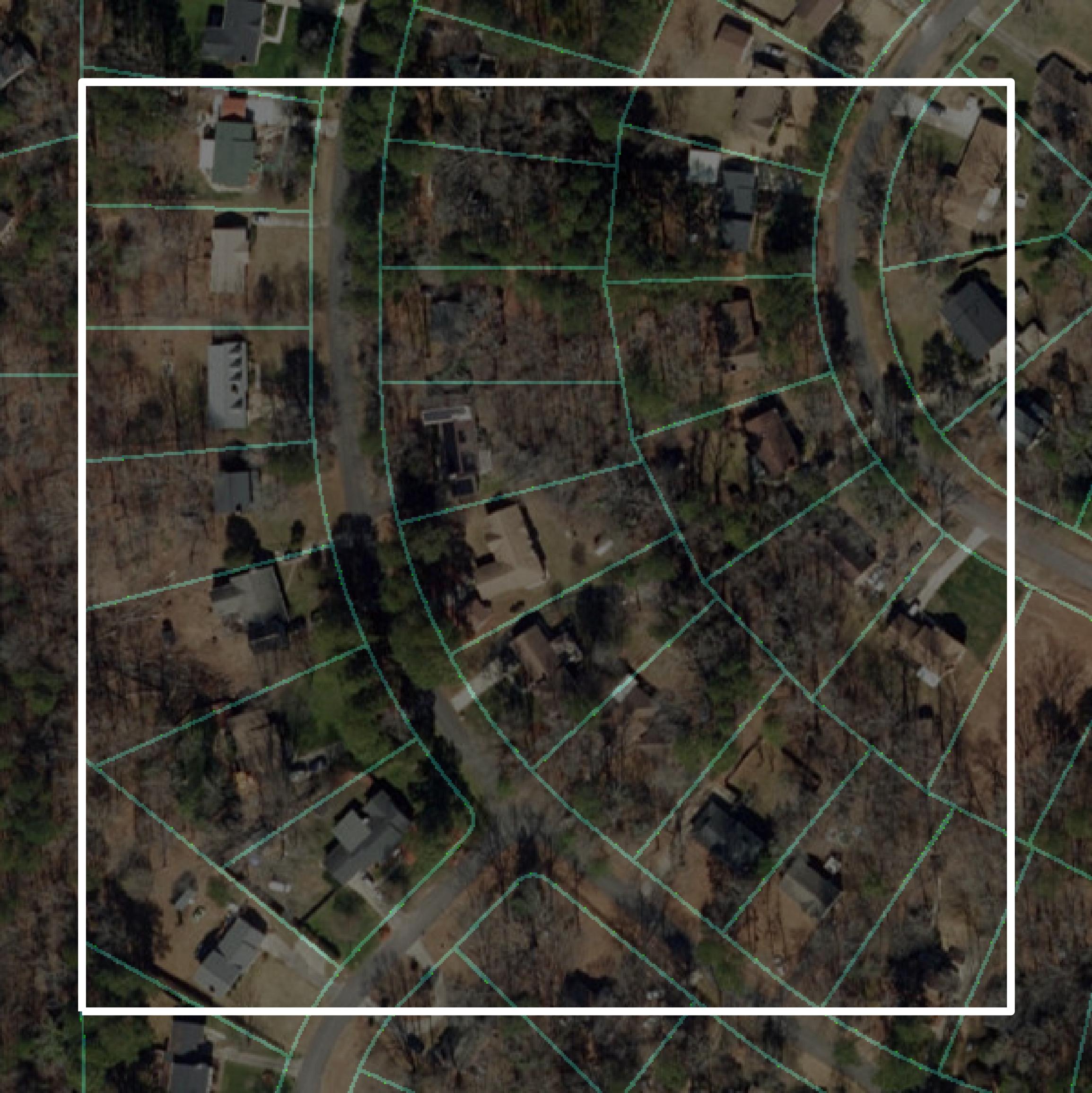 This image shows parcel and building data in Durham County created using GIS data in Equator.
