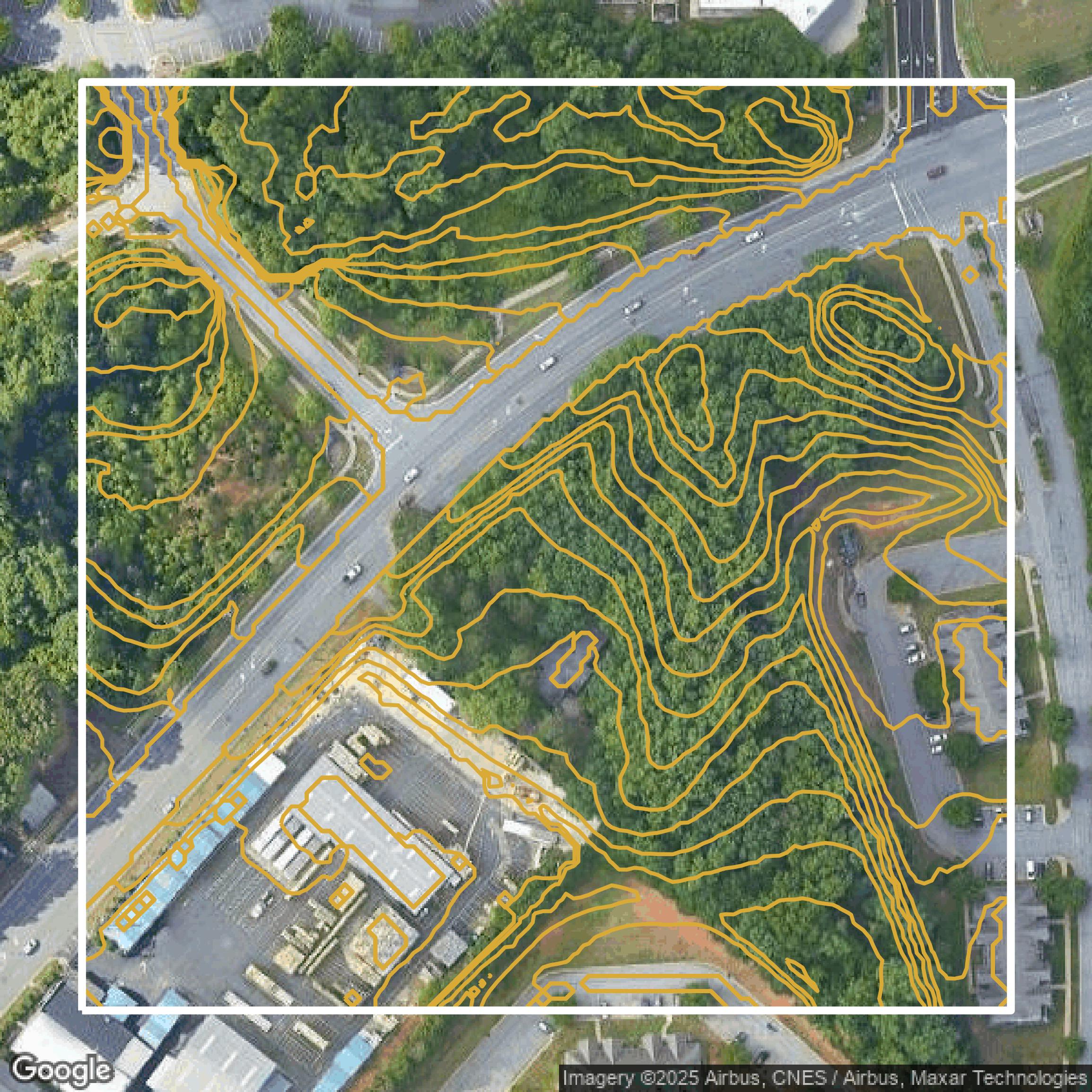 This image shows a contour map in Forsyth County created using GIS data in Equator.