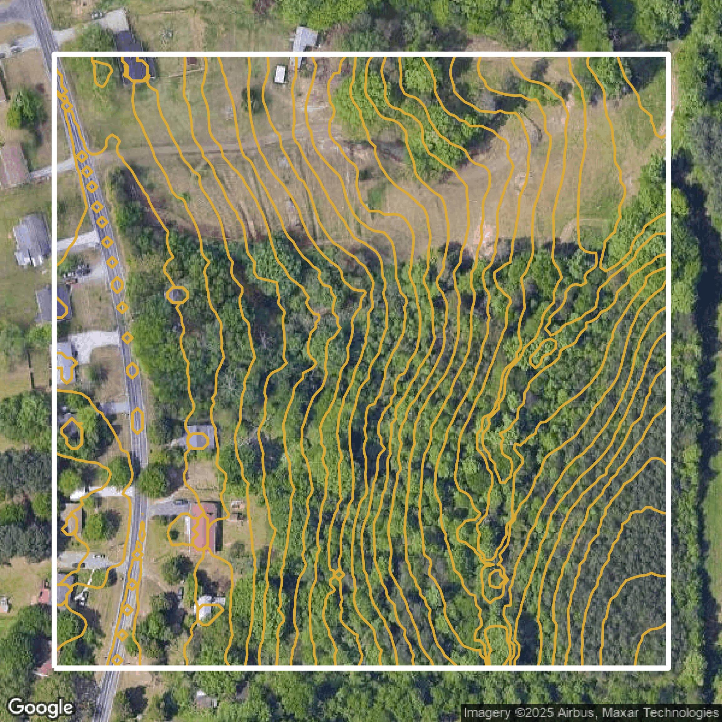 This image shows a contour map in Forsyth County created using GIS data in Equator.