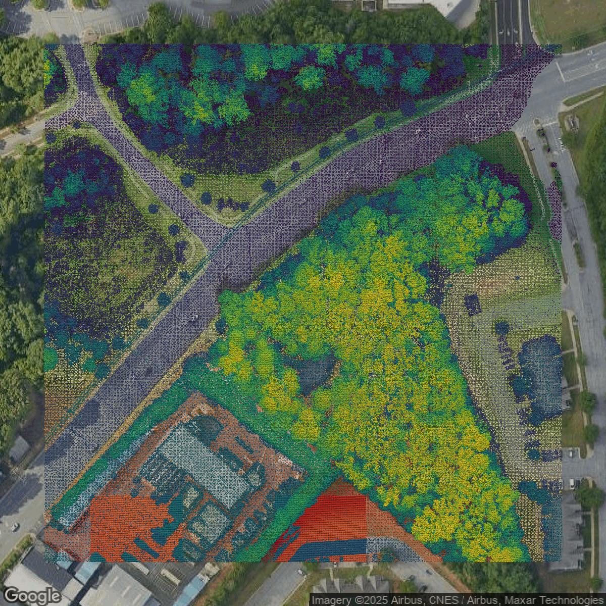 This image shows a LiDAR point cloud in Forsyth County created using GIS data in Equator.