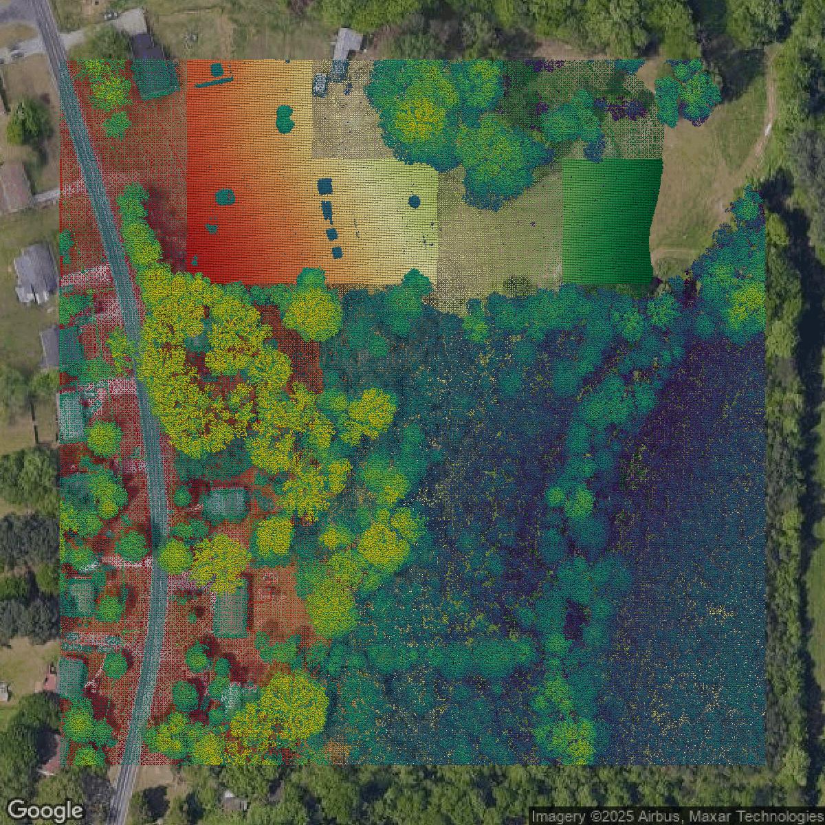 This image shows a LiDAR point cloud in Forsyth County created using GIS data in Equator.