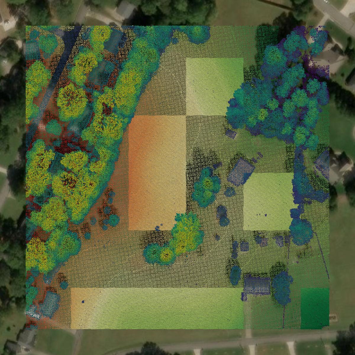 This image shows a LiDAR point cloud in Gaston County created using GIS data in Equator.