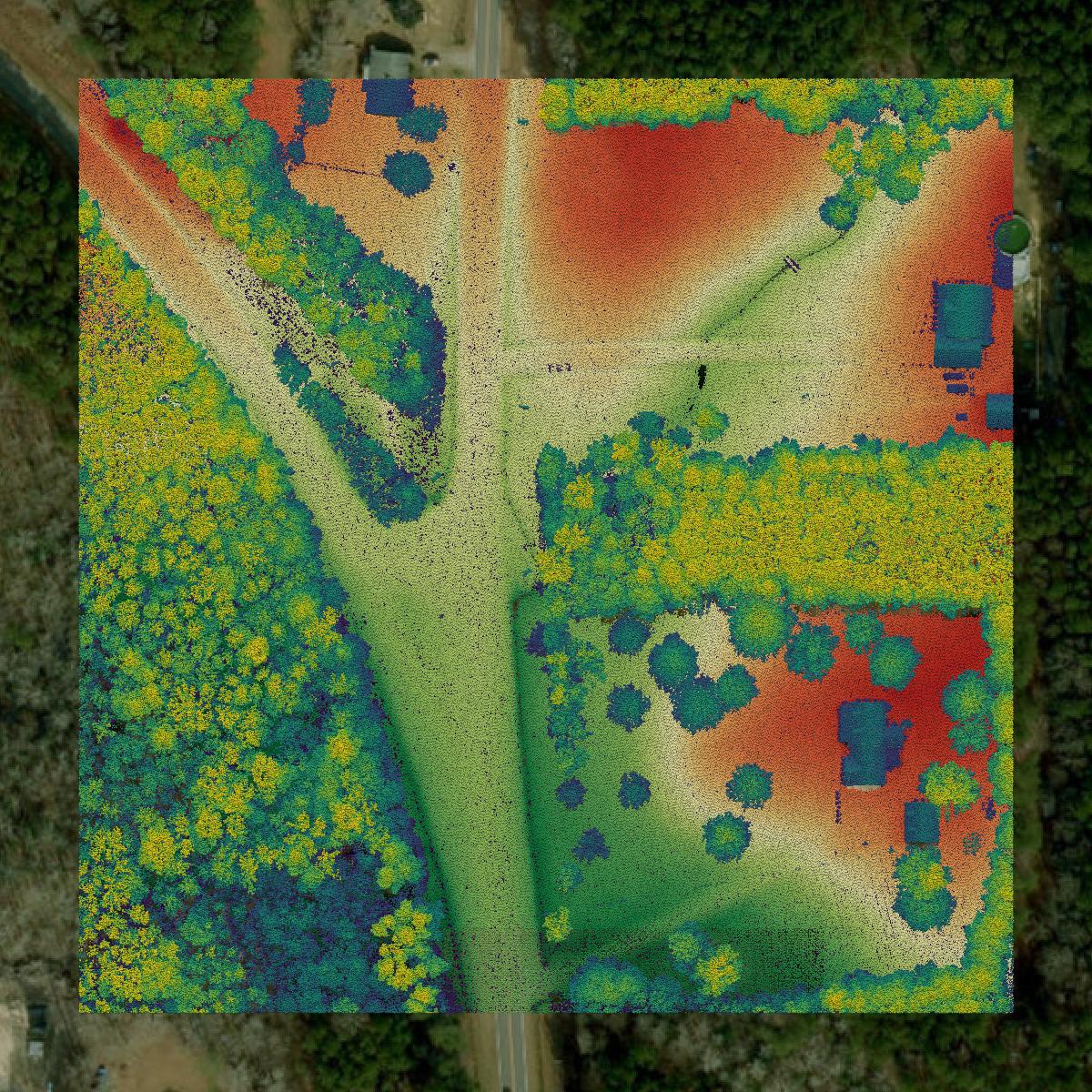 This image shows a LiDAR point cloud in Gates County created using GIS data in Equator.