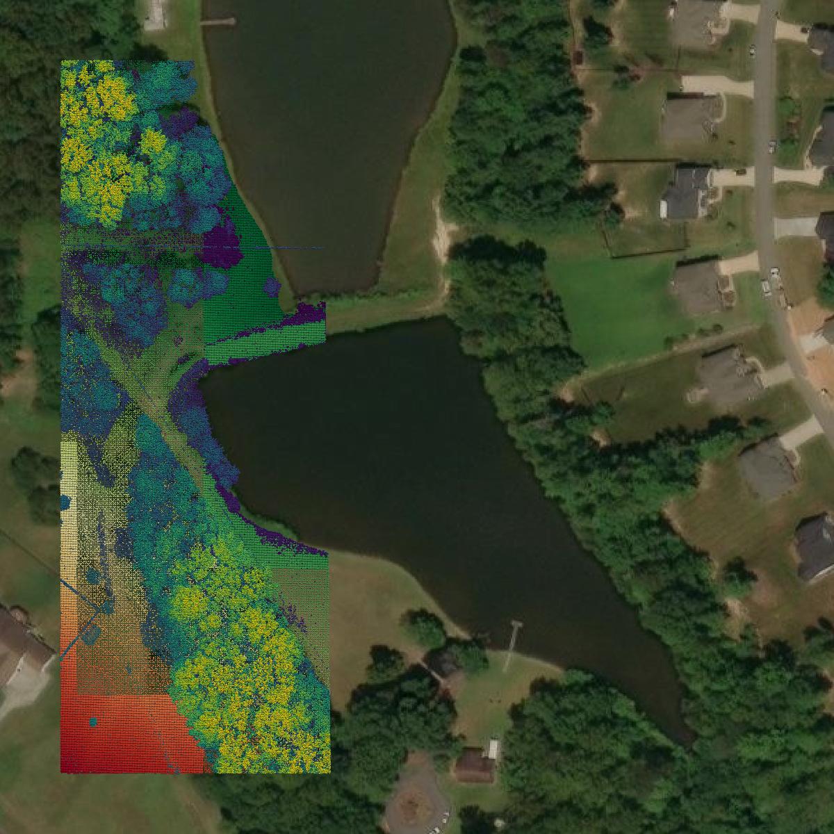 This image shows a LiDAR point cloud in Guilford County created using GIS data in Equator.