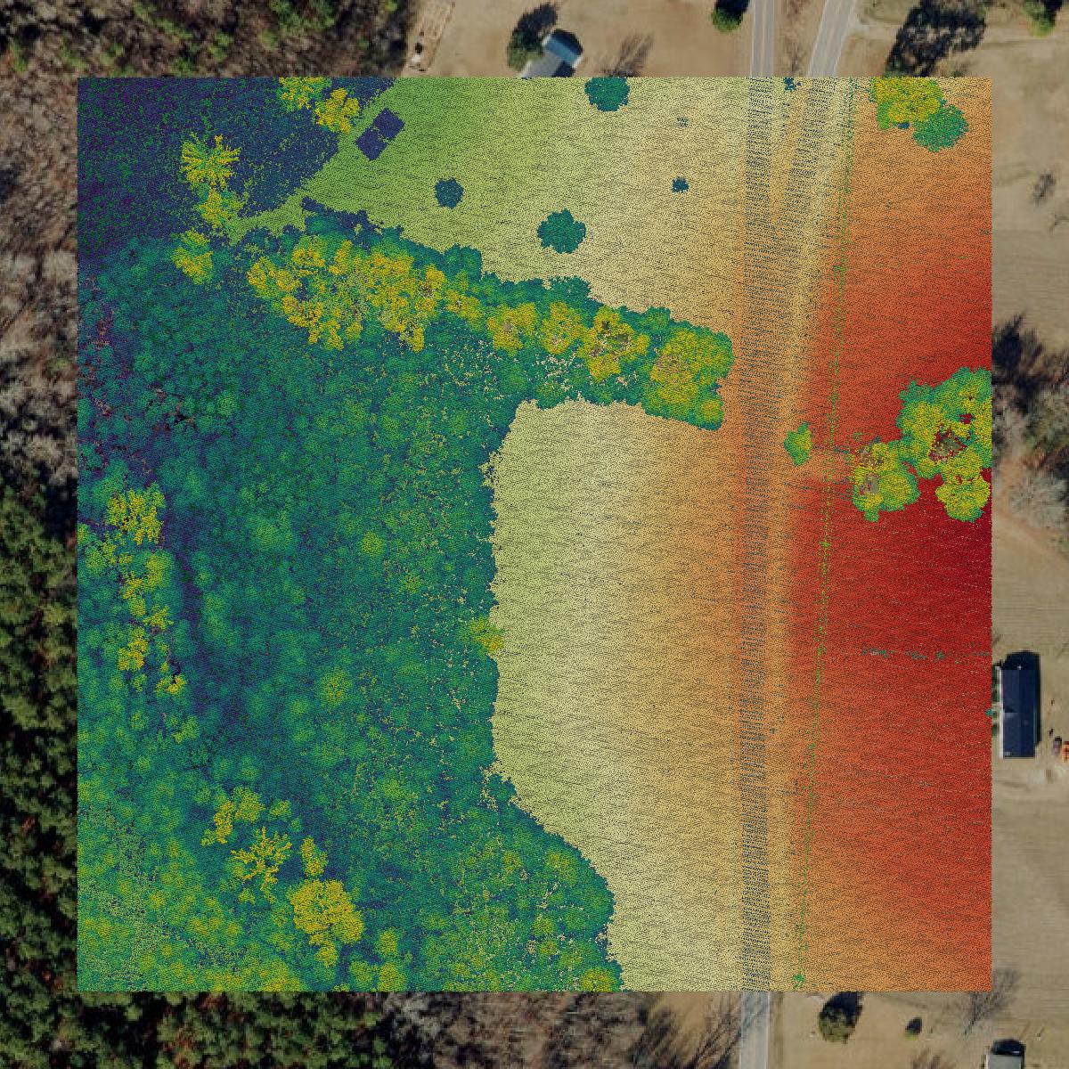 This image shows a LiDAR point cloud in Halifax County created using GIS data in Equator.
