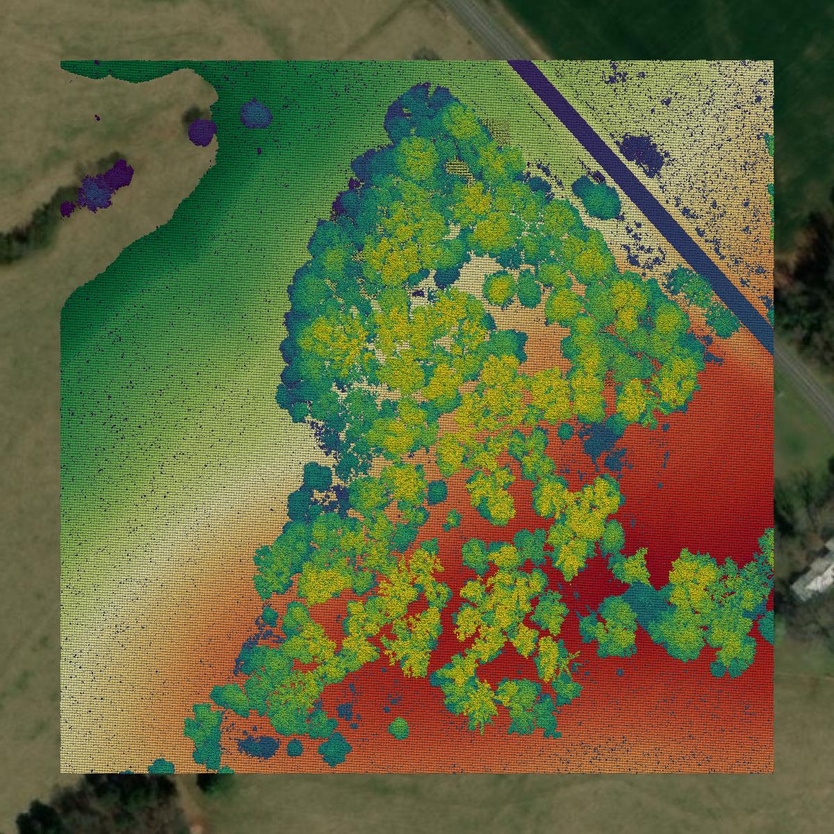 This image shows a LiDAR point cloud in Iredell County created using GIS data in Equator.