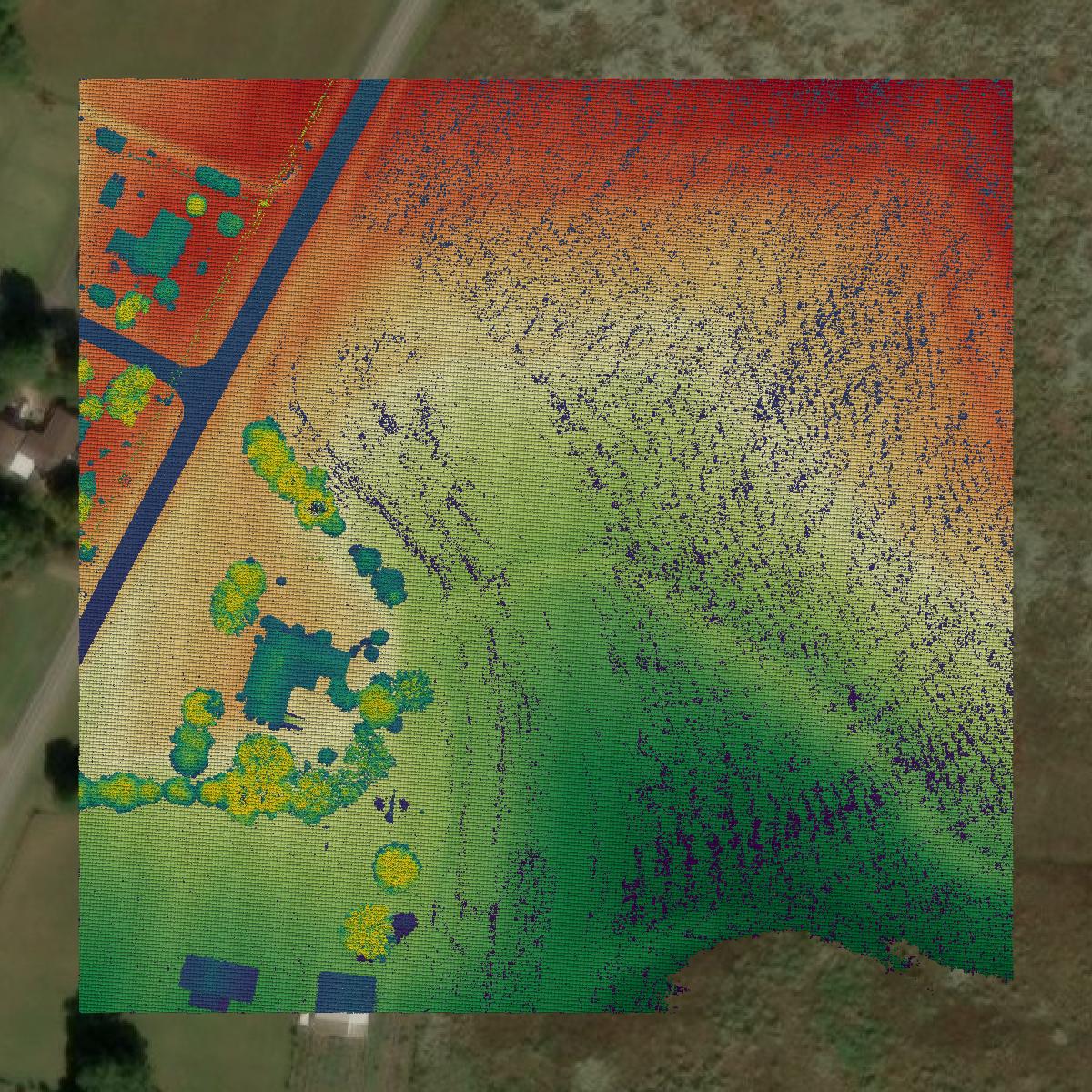 This image shows a LiDAR point cloud in Lincoln County created using GIS data in Equator.