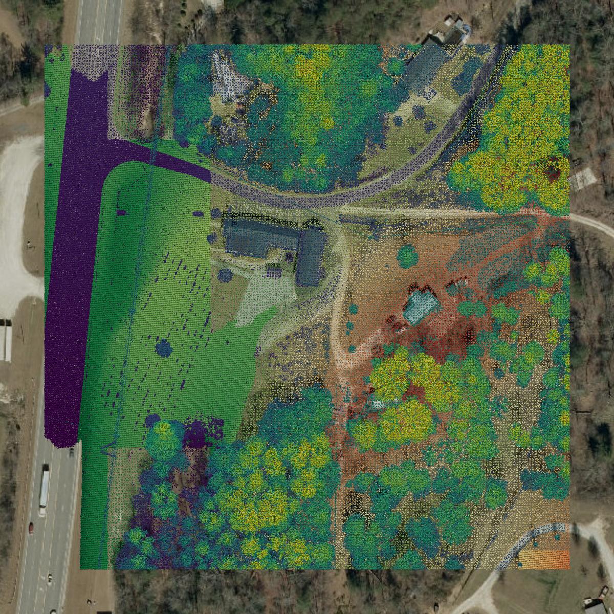 This image shows a LiDAR point cloud in McDowell County created using GIS data in Equator.
