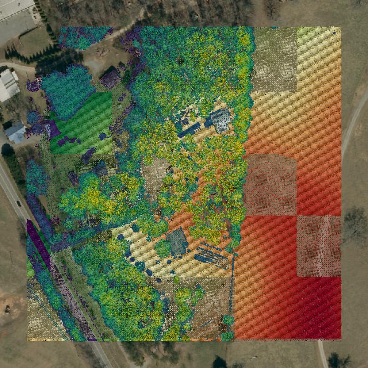 This image shows a LiDAR point cloud in McDowell County created using GIS data in Equator.