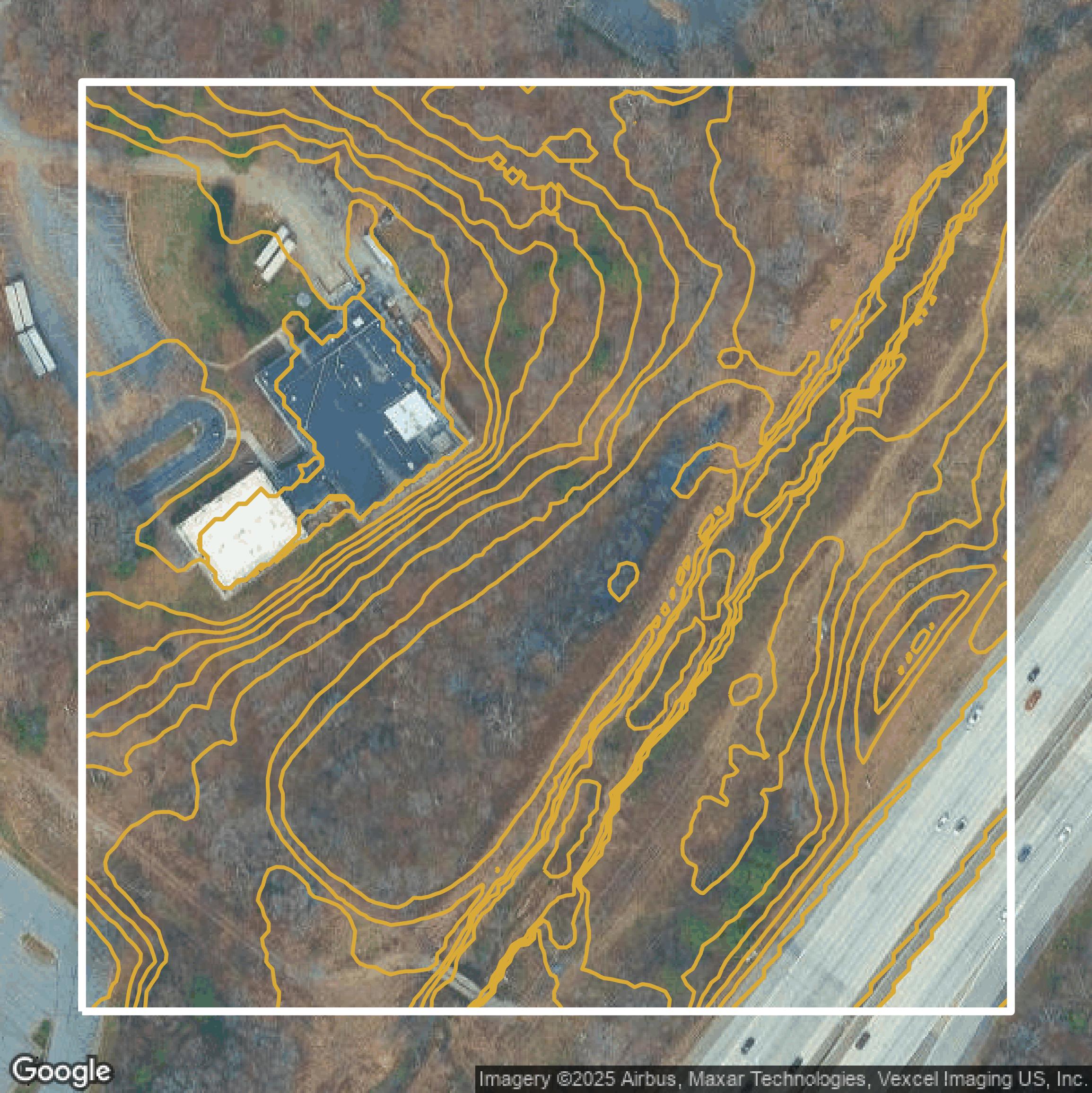 This image shows a contour map in Mecklenburg County created using GIS data in Equator.