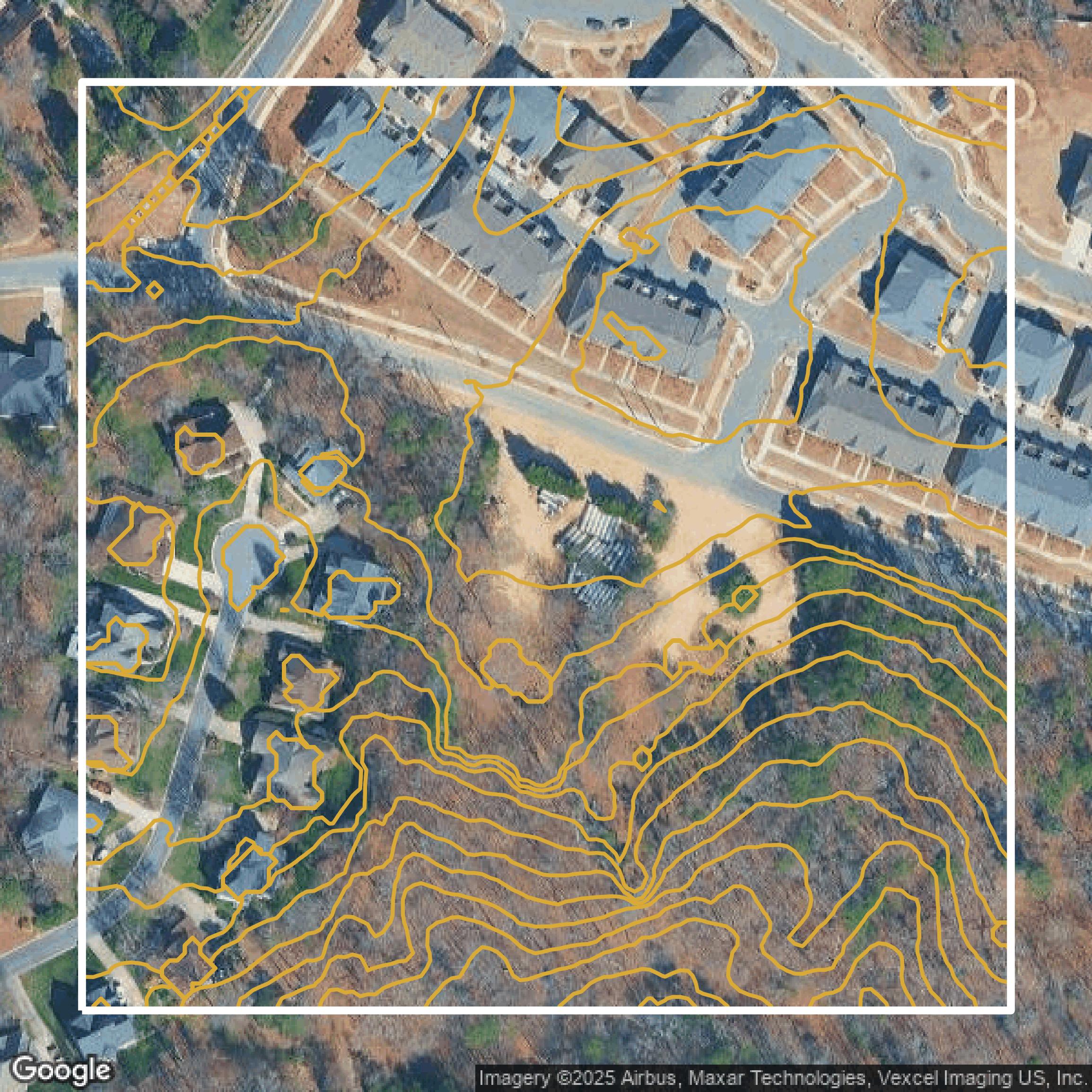 This image shows a contour map in Mecklenburg County created using GIS data in Equator.