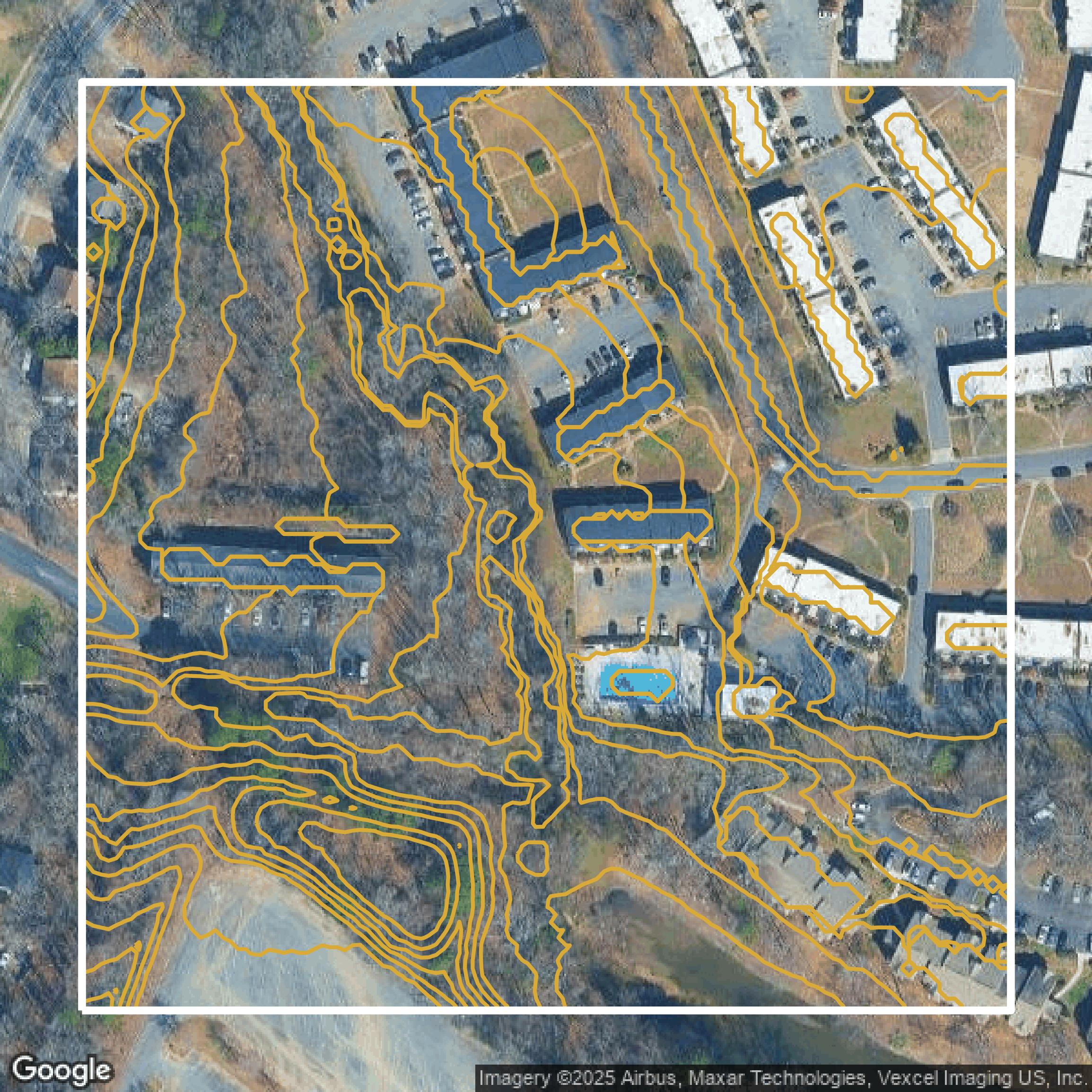 This image shows a contour map in Mecklenburg County created using GIS data in Equator.