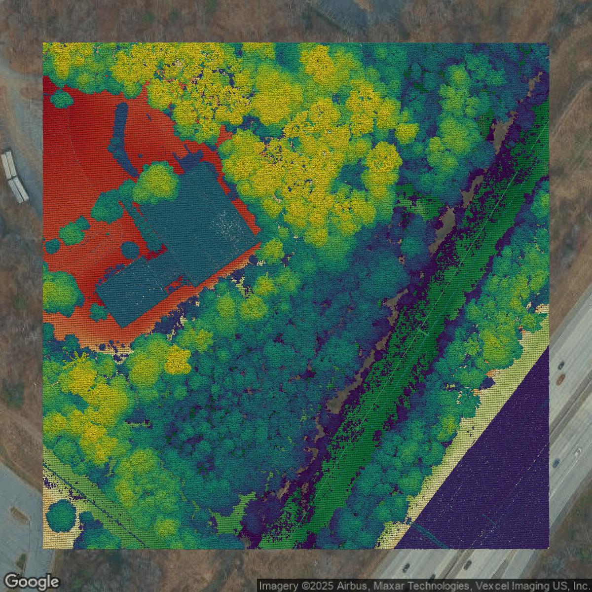 This image shows a LiDAR point cloud in Mecklenburg County created using GIS data in Equator.