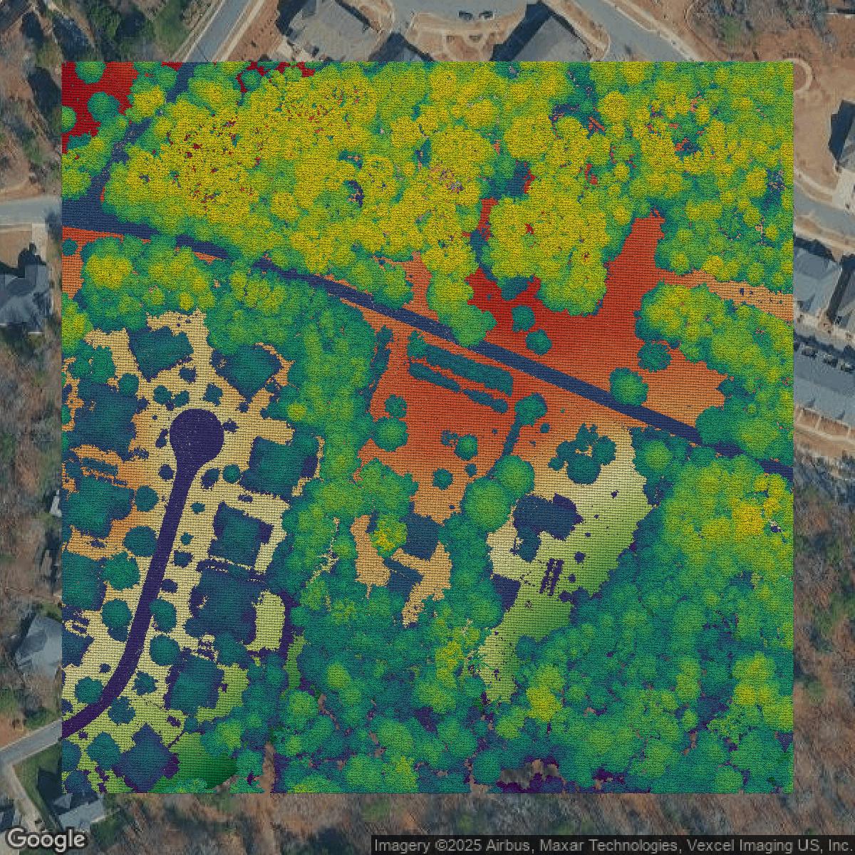 This image shows a LiDAR point cloud in Mecklenburg County created using GIS data in Equator.