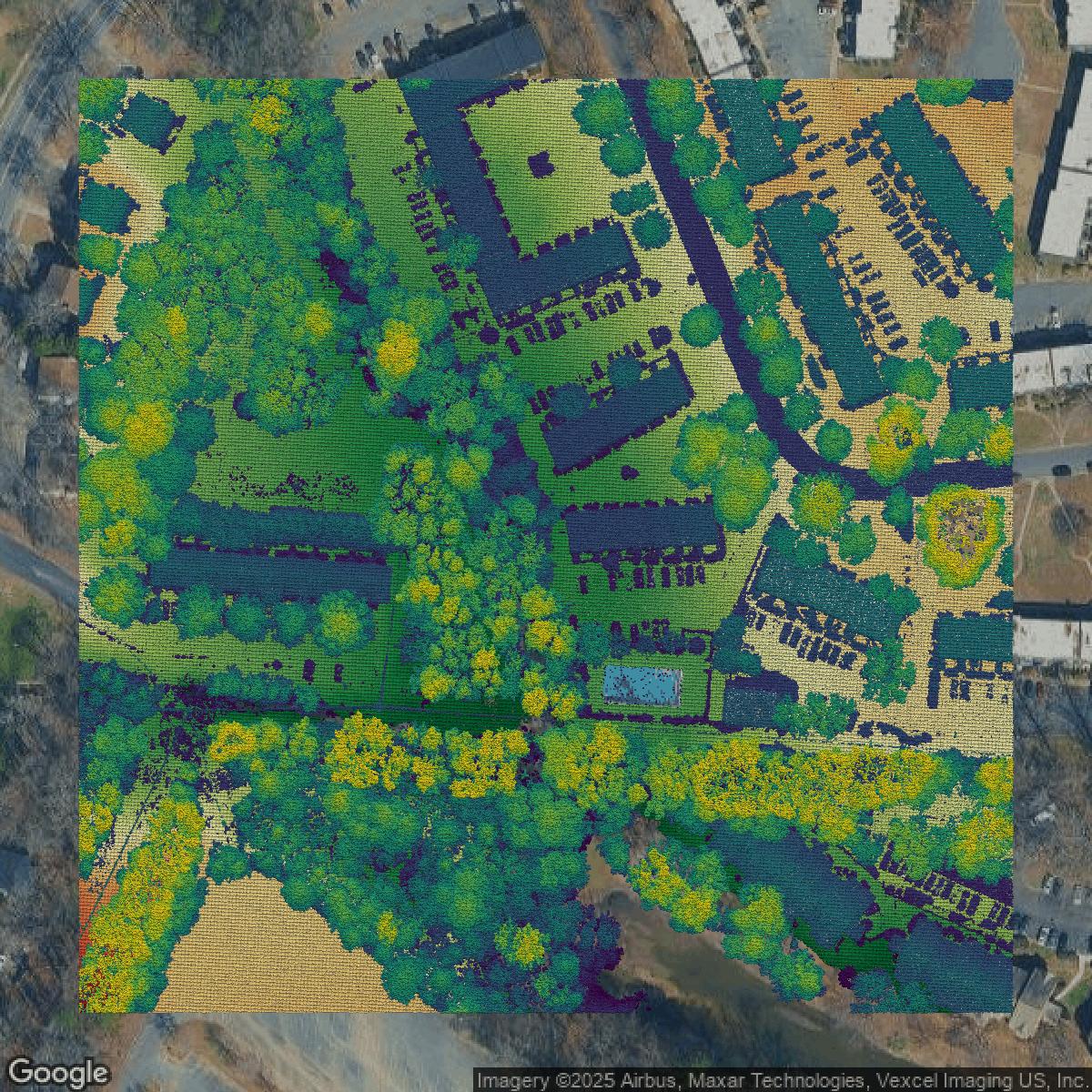 This image shows a LiDAR point cloud in Mecklenburg County created using GIS data in Equator.