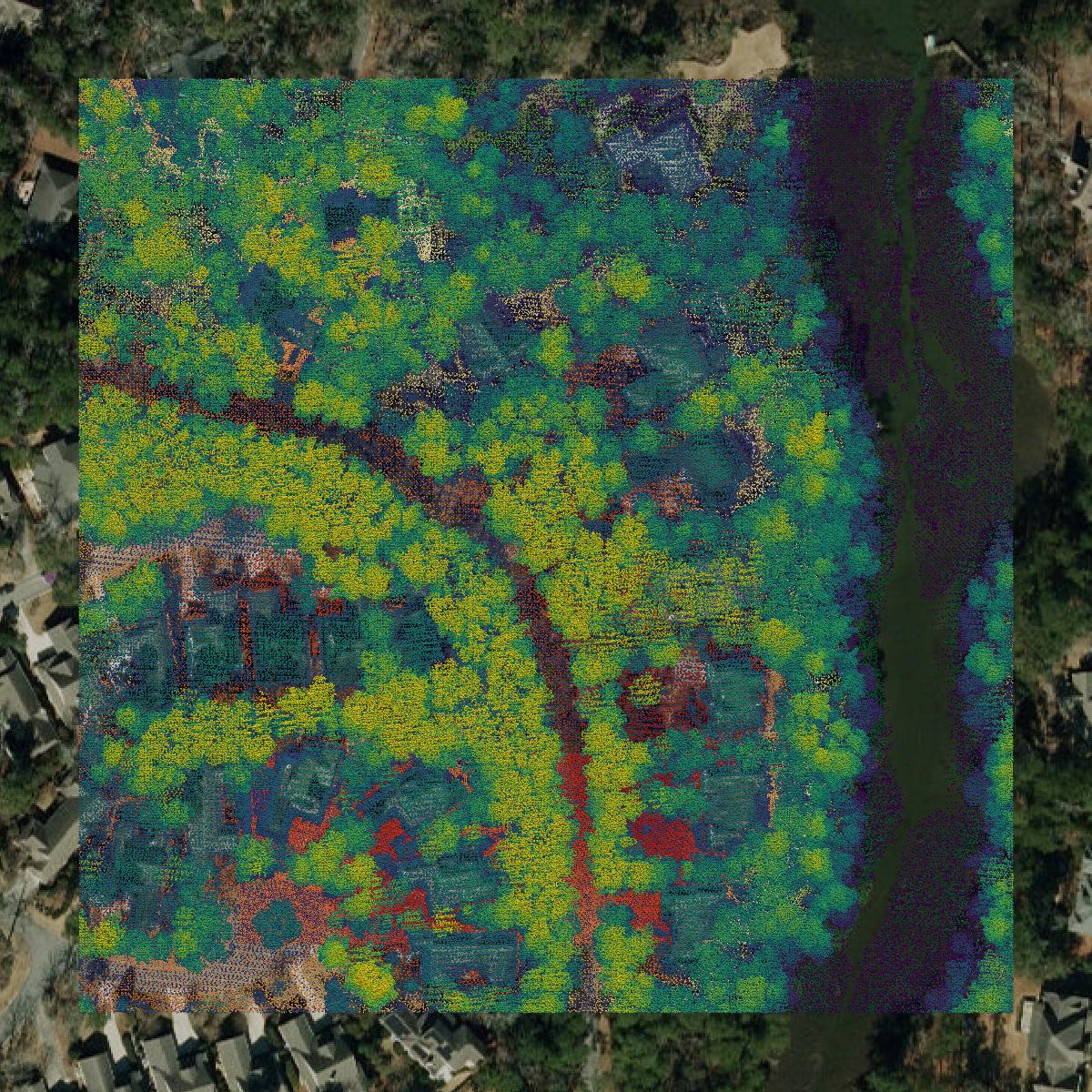 This image shows a LiDAR point cloud in New Hanover County created using GIS data in Equator.