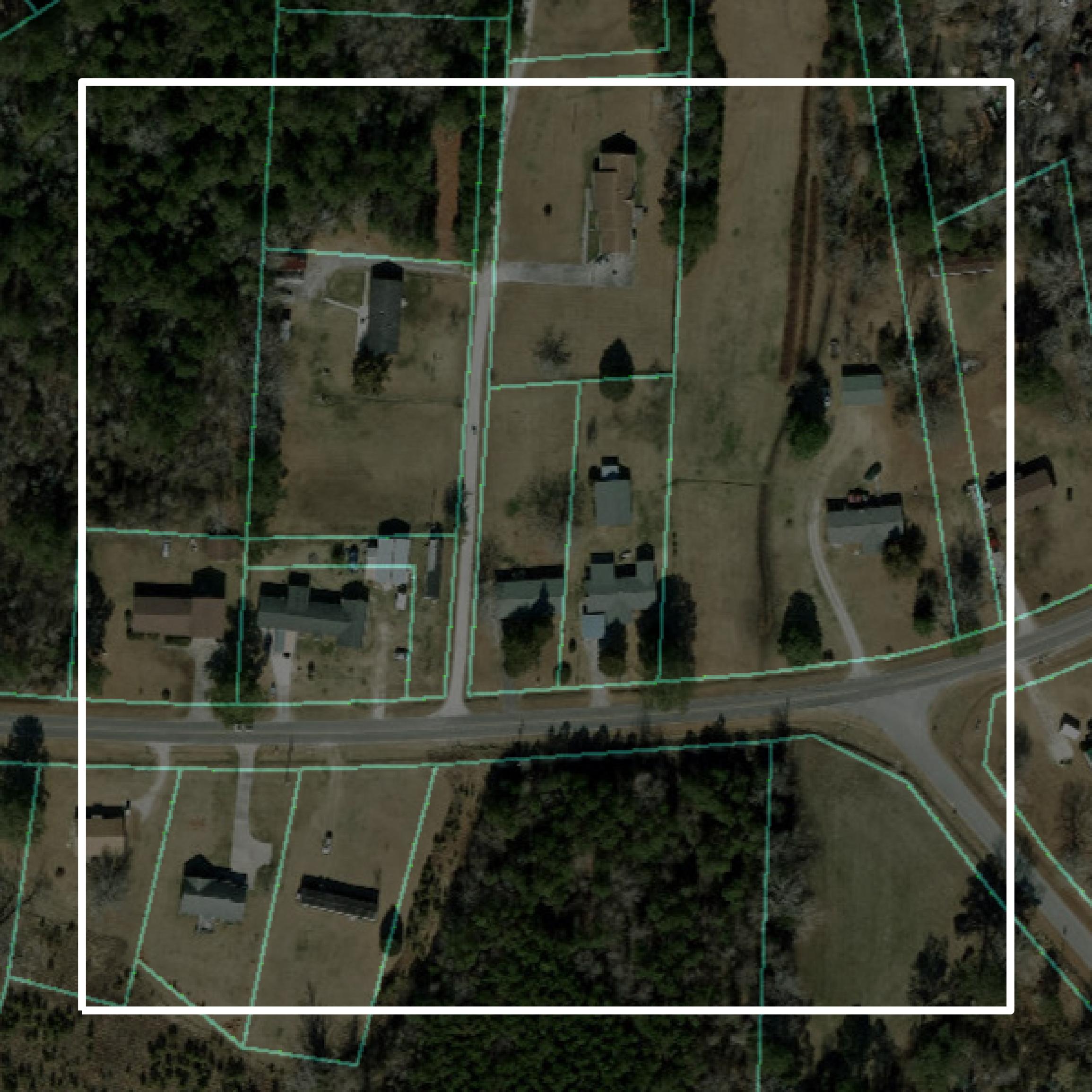 This image shows parcel and building data in Onslow County created using GIS data in Equator.