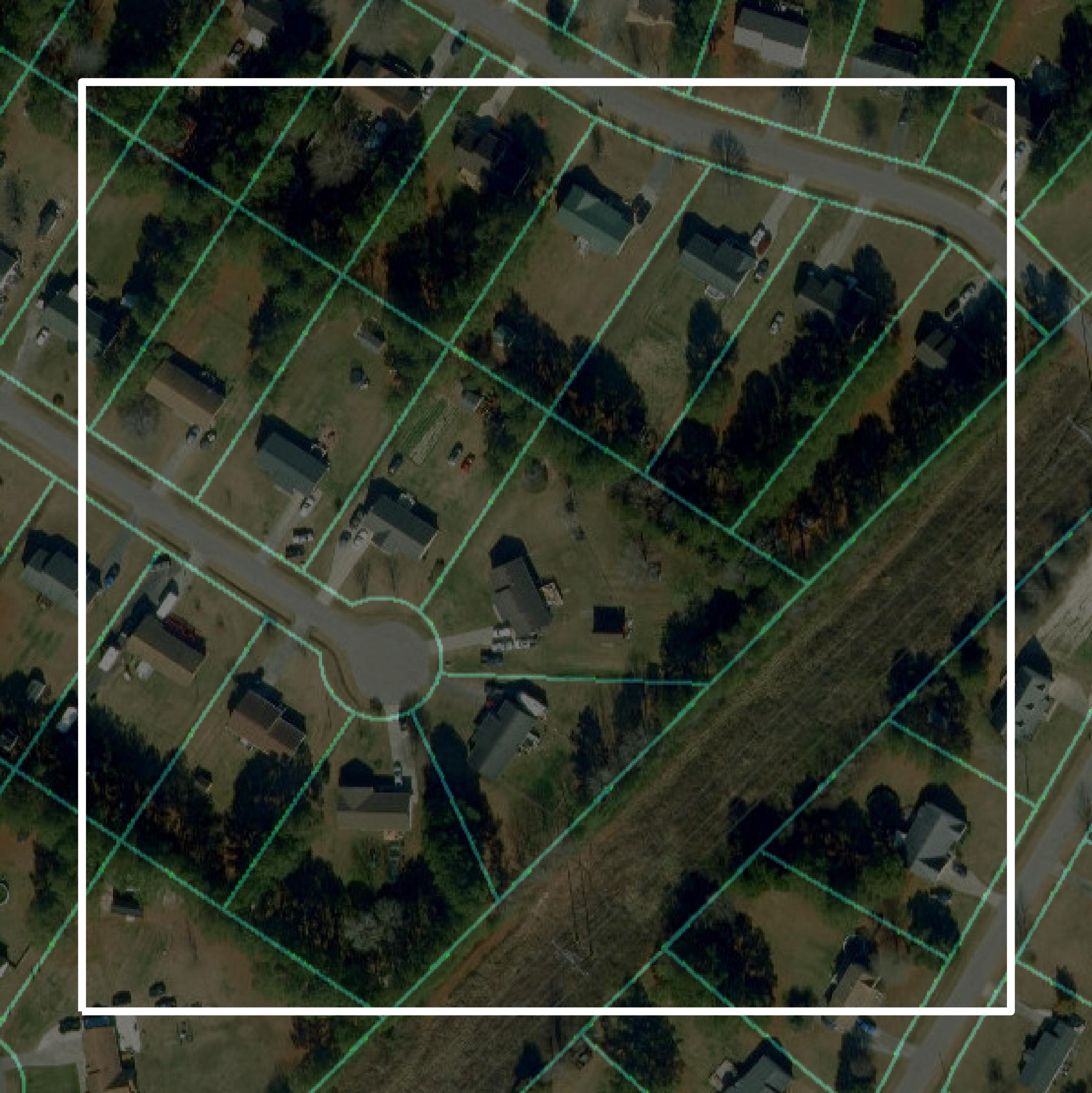 This image shows parcel and building data in Pasquotank County created using GIS data in Equator.