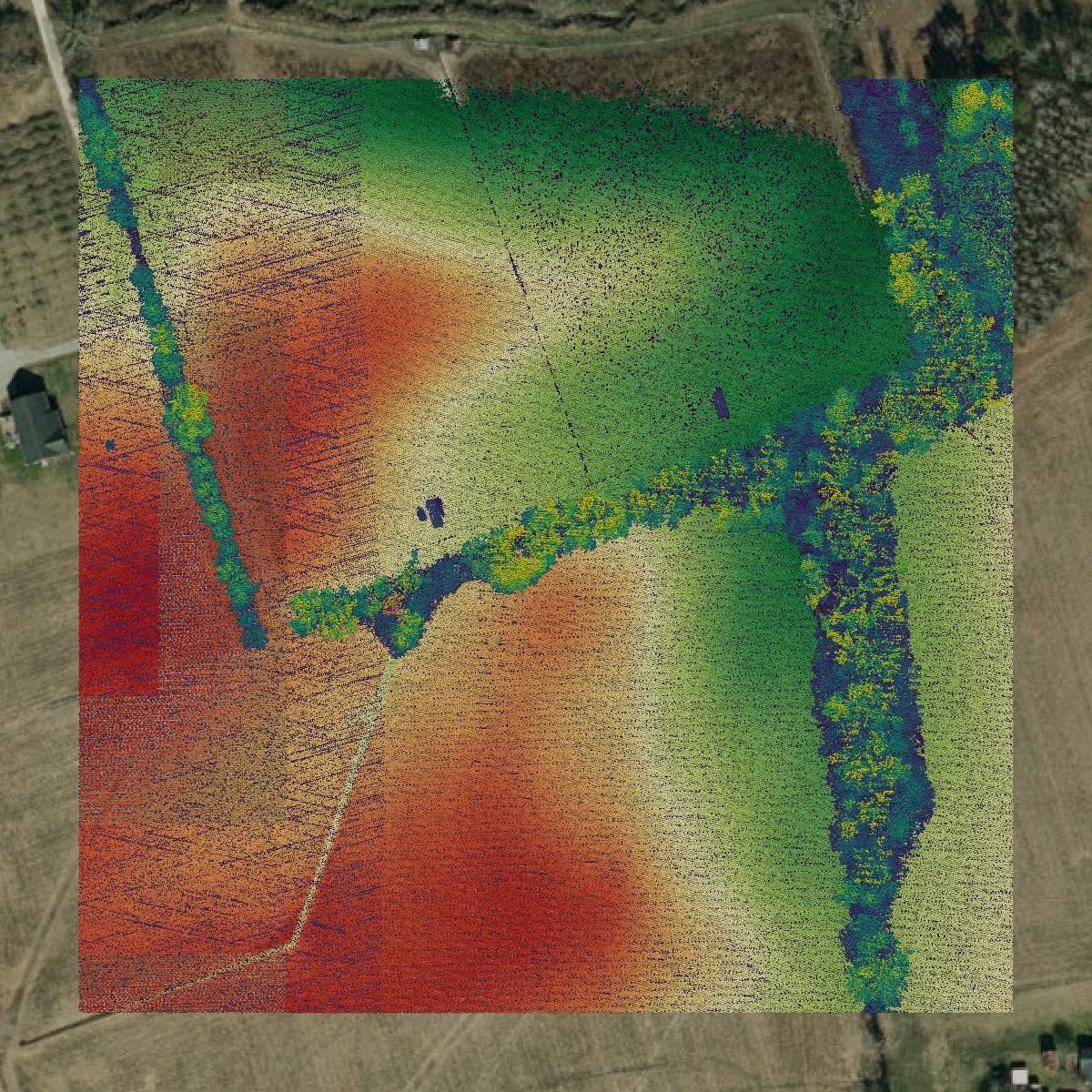This image shows a LiDAR point cloud in Pender County created using GIS data in Equator.