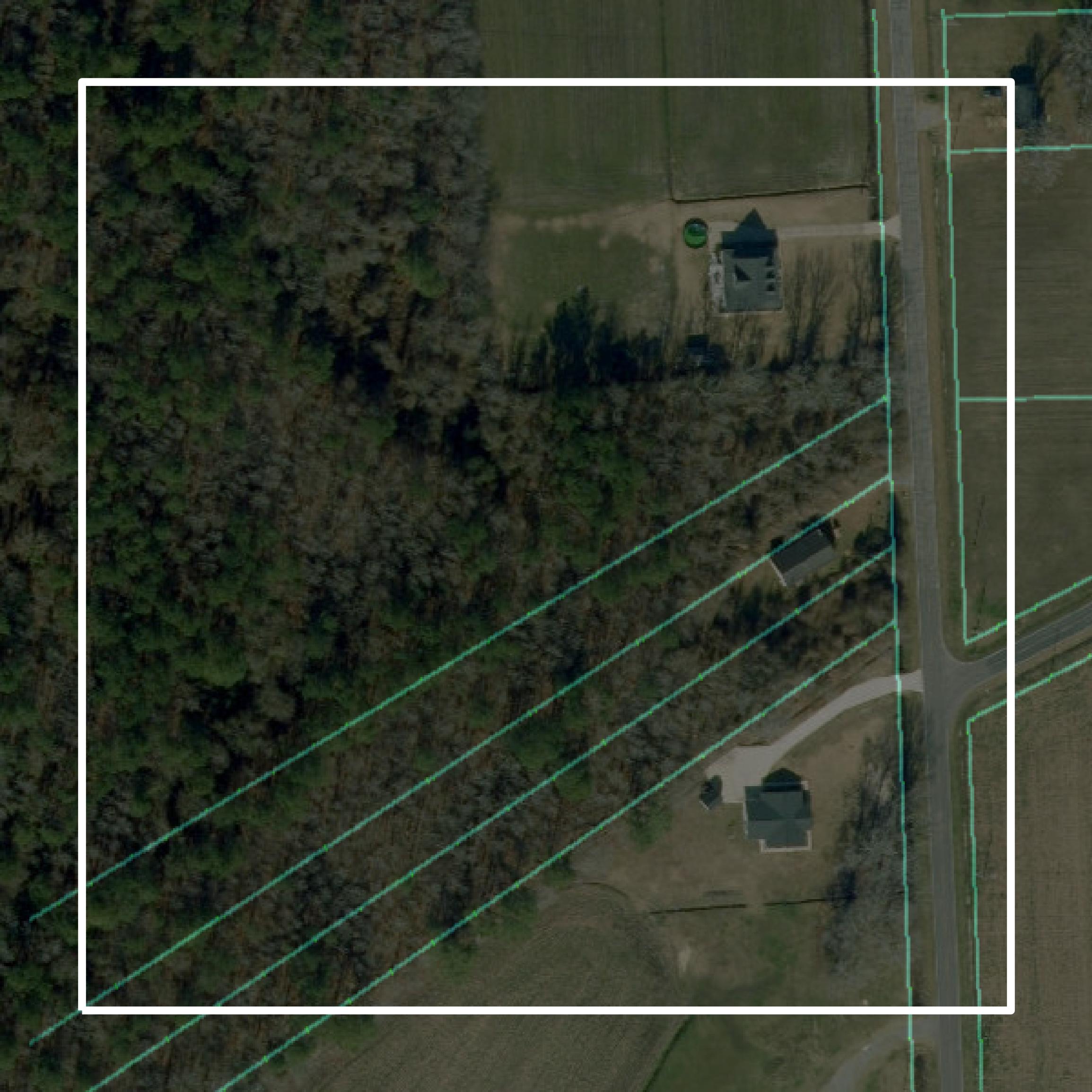 This image shows parcel and building data in Perquimans County created using GIS data in Equator.
